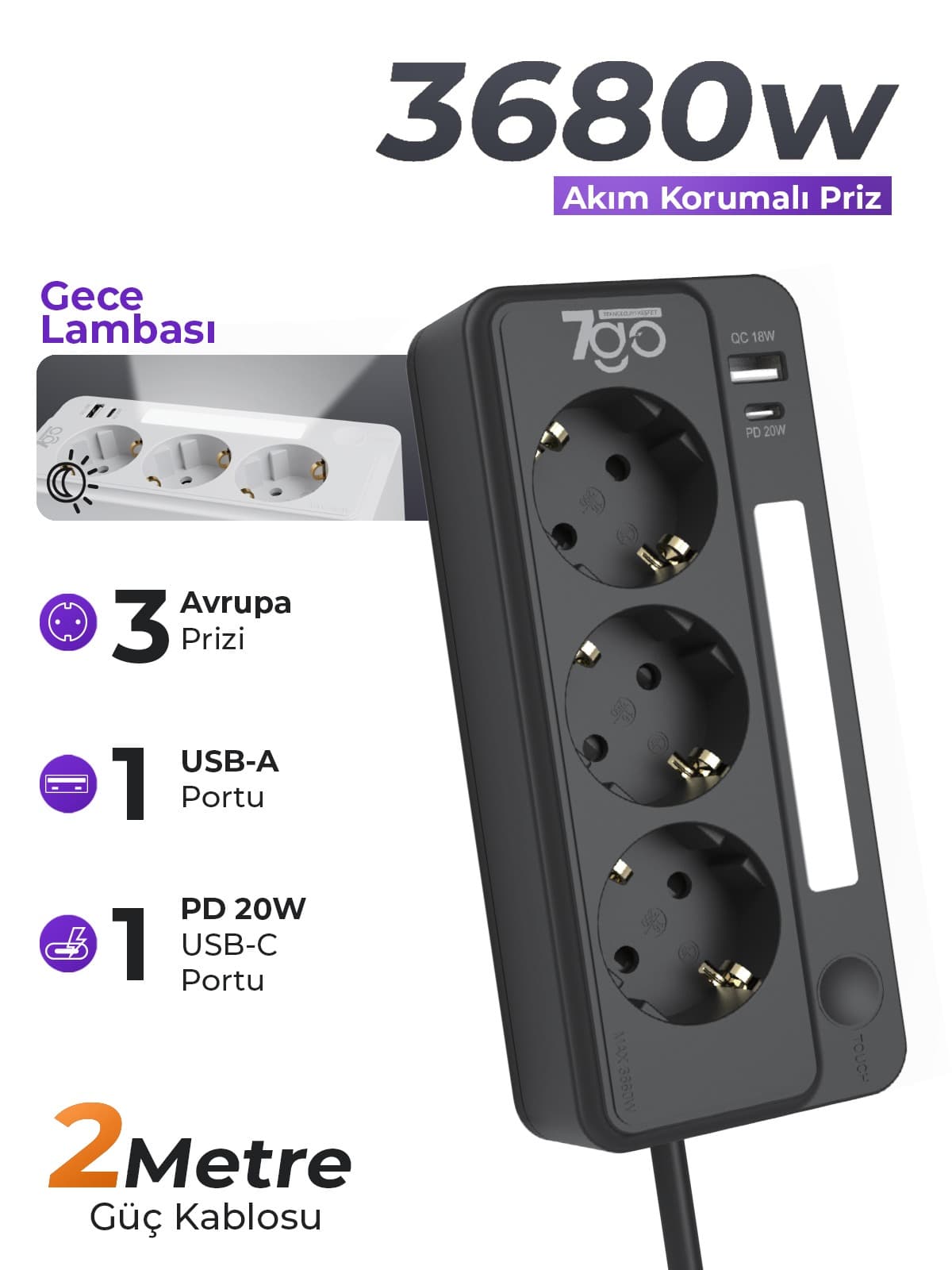 7go 7gsp1 3680w 3'lü Priz Siyah Akım Korumalı 20w Pd Hızlı Şarj Usb 1.9m Kablolu Akıllı Led Ge 2 m