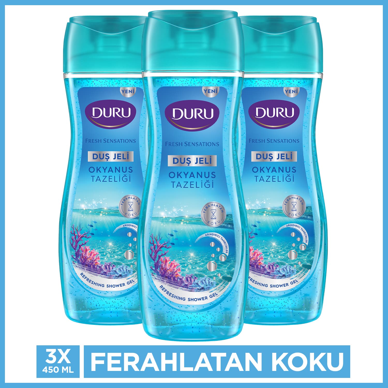 Duru Fresh Sensations Okyanus Ferahlığı Duş Jeli 3 x 450 ML + Lif