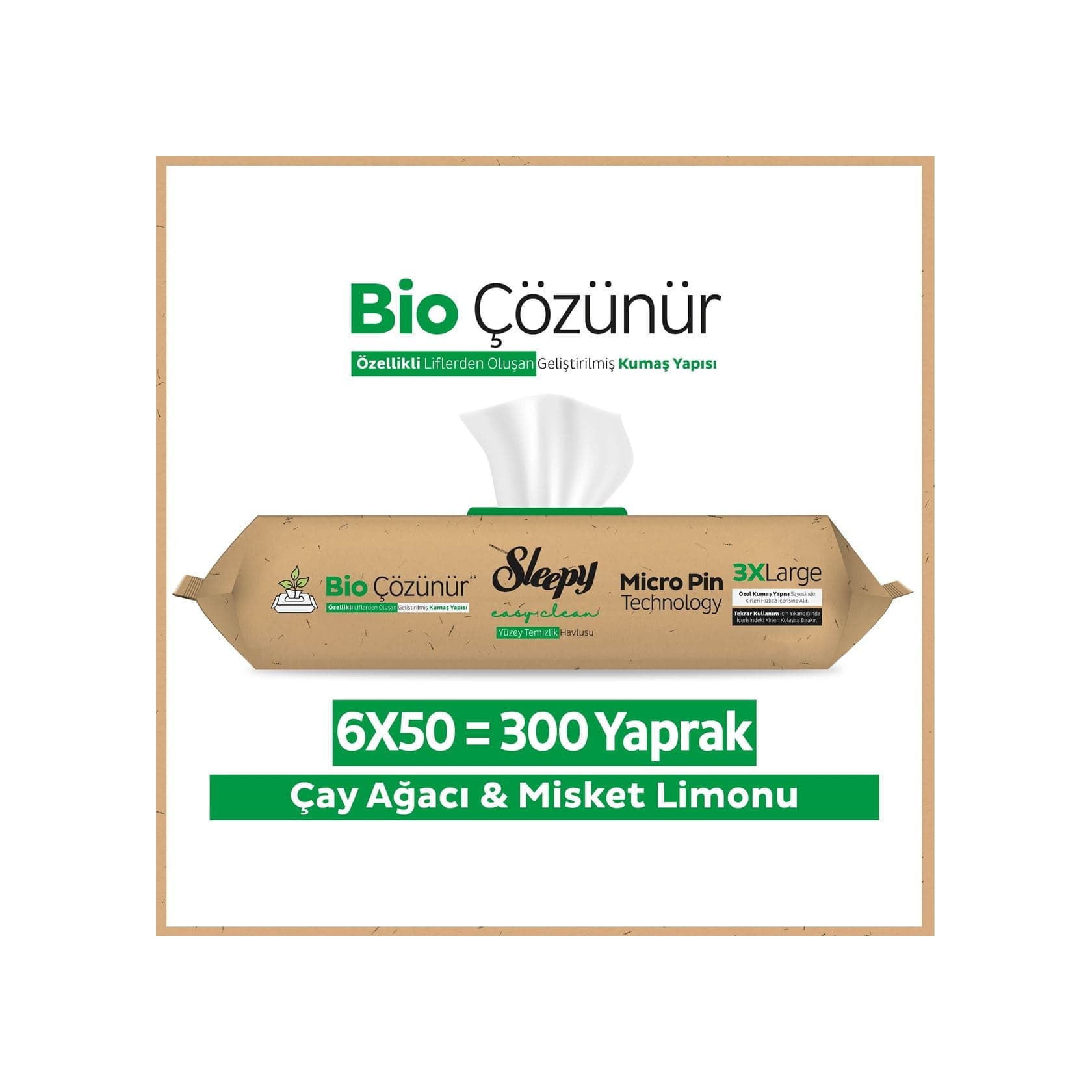 Sleepy Bio Çözünür Yüzey Temizlik Havlusu&Mendili Çay Ağacı&Misket Limonu 6x50 (300 Yaprak)