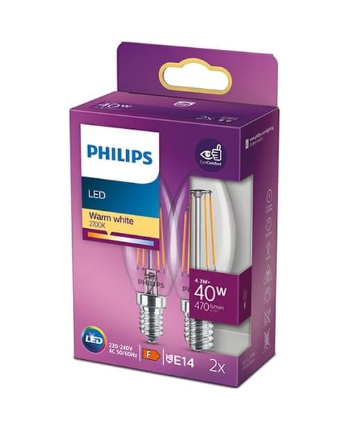 Philips LED Classic Şeffaf Filament Mum Ampul 4.3W 470 Lum 2700K Sarı Işık B35 E14 (40W) 2'li Paket