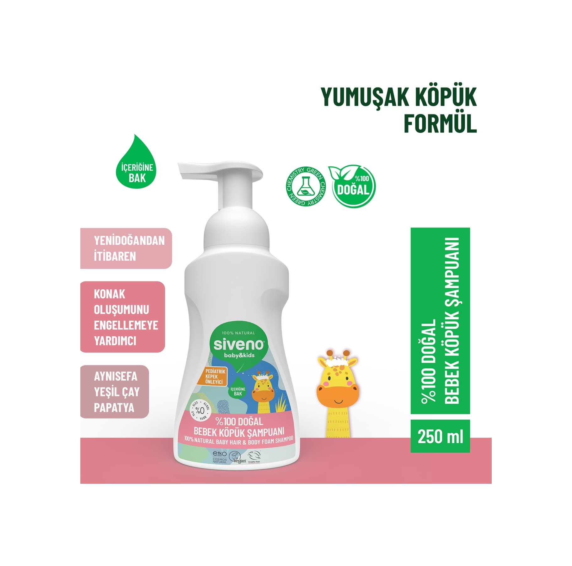 Siveno %100 Doğal Bebek Köpük Şampuanı Yenidoğan Saç ve Vücut İçin Nemlendirici Bitkisel Vegan 250 ml