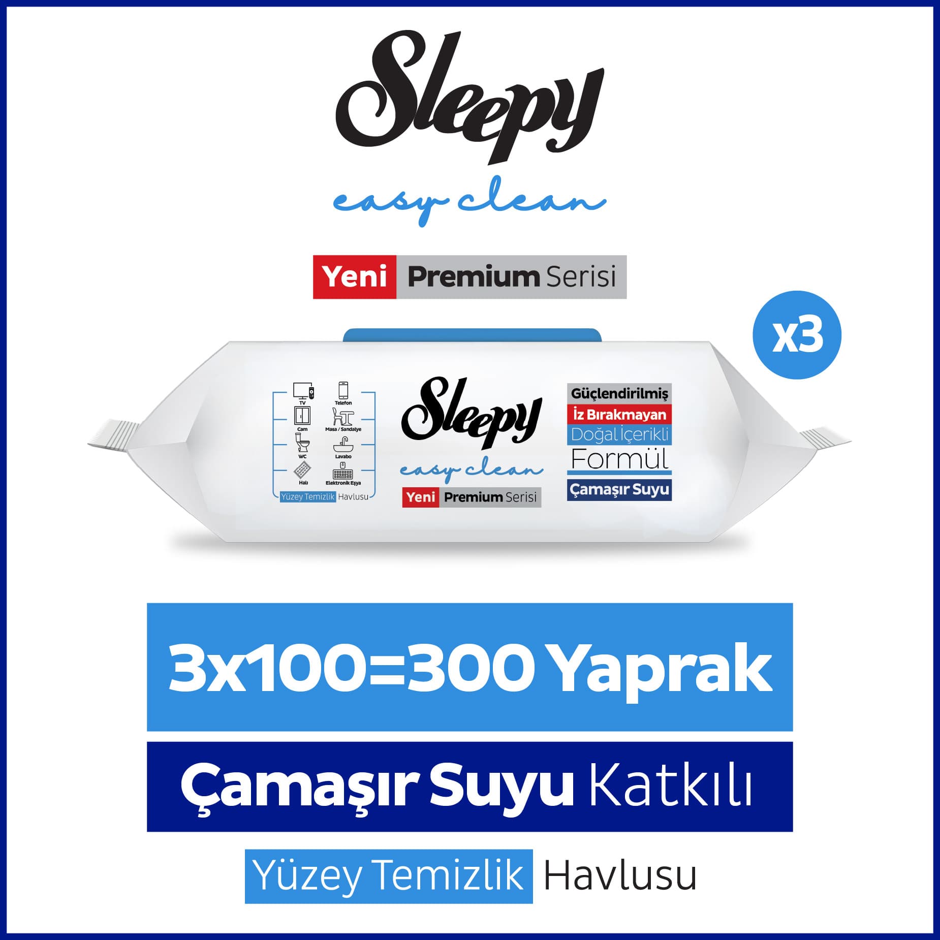 Sleepy Easy Clean Premium Çamaşır Suyu Katkılı Yüzey Temizlik Havlusu Mendili 3x100 (300 Yaprak)