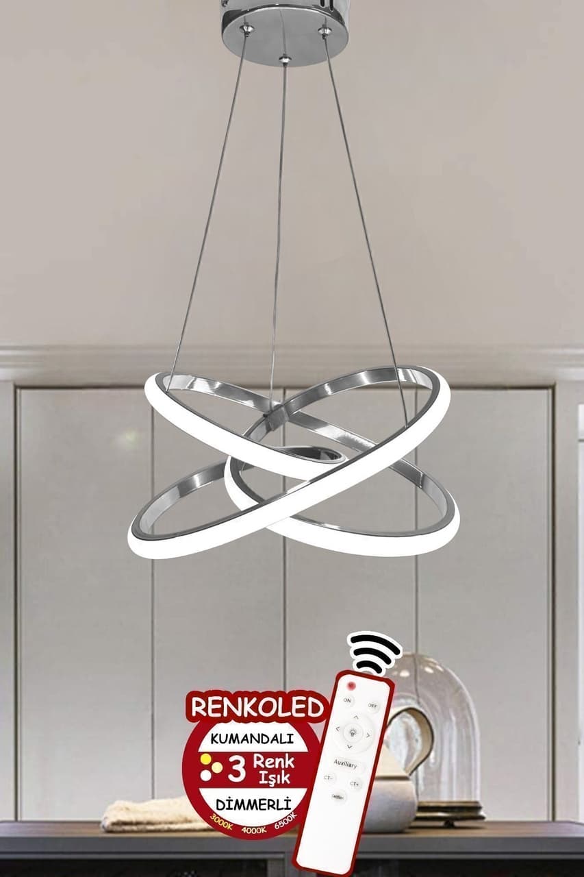 Renkoled Aydınlatma Kumandalı 3 Renk Işıklı Krom Kasa Modern Sarkıt Led Avize Krom
