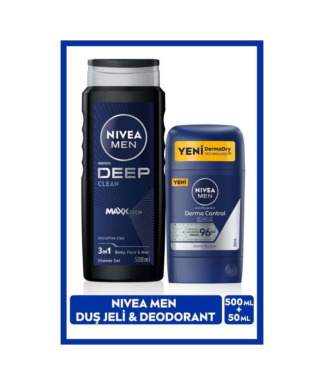 NIVEA MEN Erkek Deep Dimension Duş Jeli 500 ML ve Stick Deodorant Derma Control Clinical 50 ML,Ter Koruma