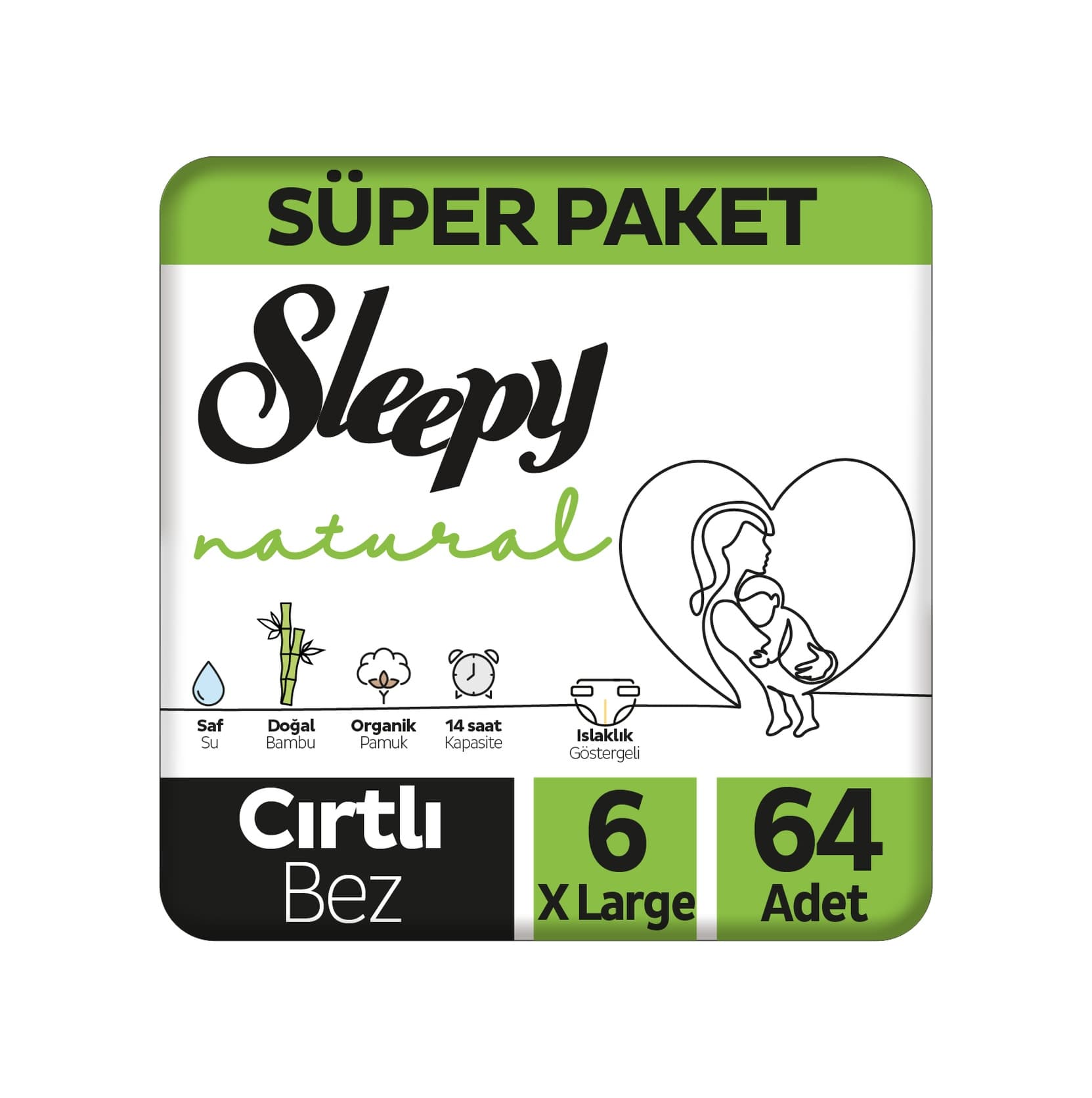 Sleepy Natural Süper Paket Bebek Bezi 6 Numara Xlarge 64 Adet 2'li