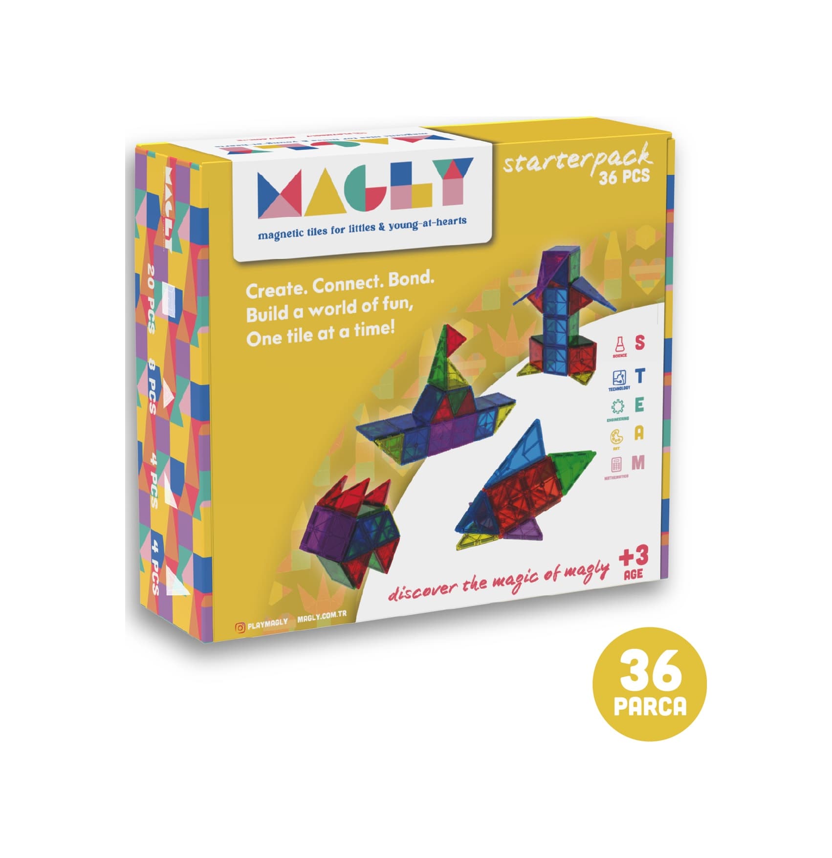Magly Manyetik Yapı Blokları Çocuklar Için Renkli 3 Boyutlu 36 Parça Manyetik Karo Oyun Seti
