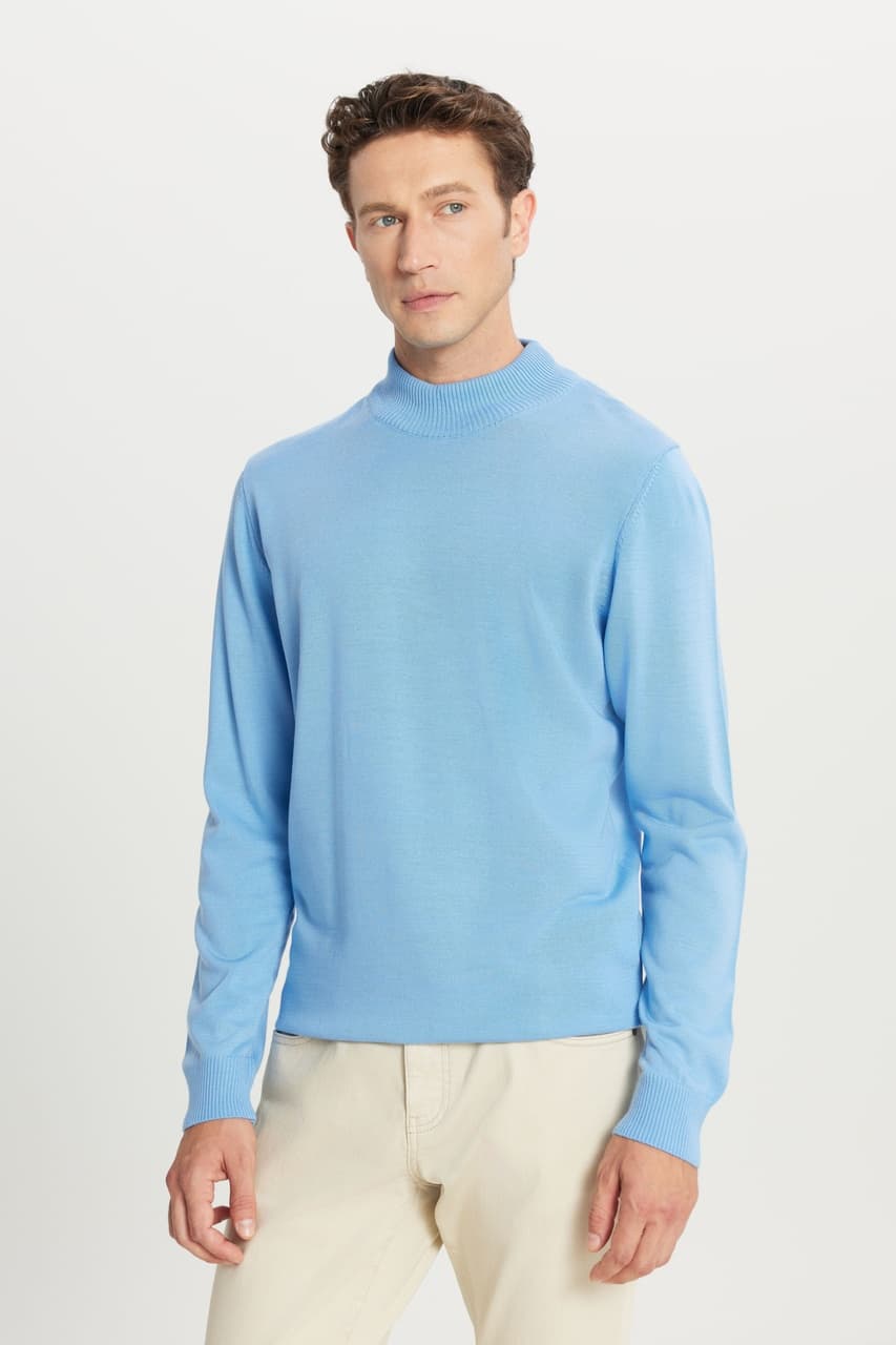AC&Co / Altınyıldız Classics Erkek Acık Mavı Standart Fit Normal Kesim Yarım Balıkçı Yaka Triko Açık Mavi