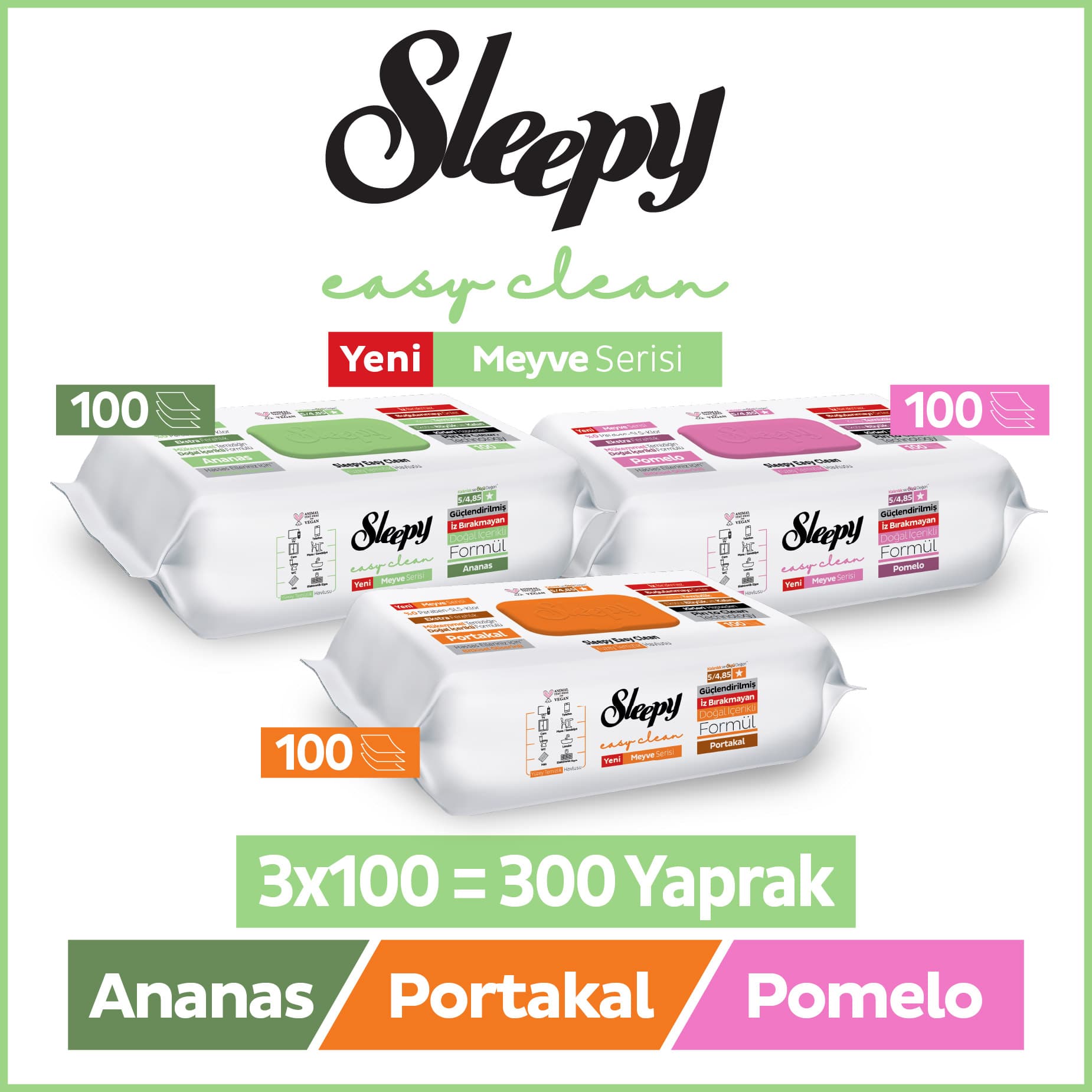 Sleepy Meyve Serisi Yüzey Temizlik Havlusu Mendili Portakal+ananas+pomelo 3x100 300 Yaprak Beyaz
