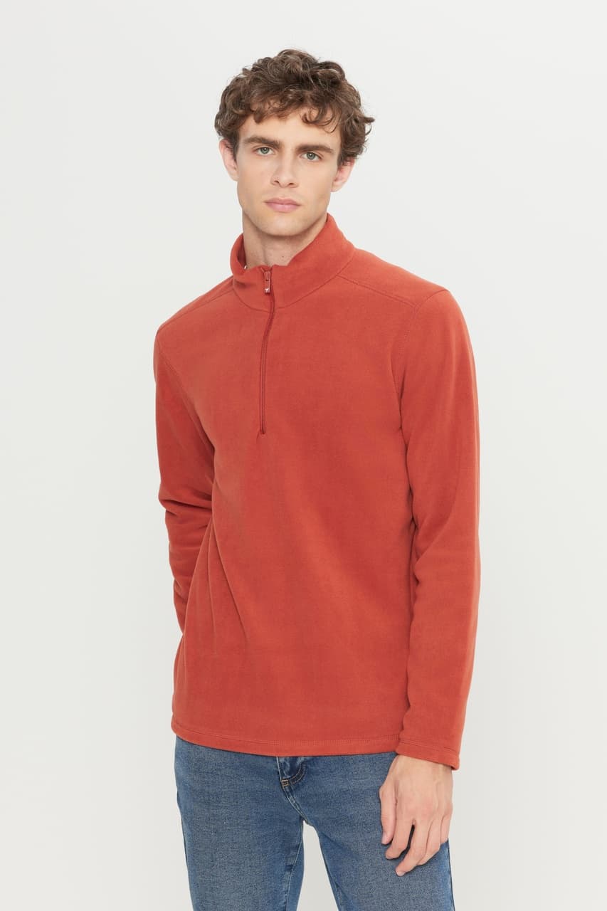 AC&Co / Altınyıldız Classics Anti-Pilling Tüylenme Yapmayan Bato Yaka Erkek Polar Sweatshirt Açık Kahverengi