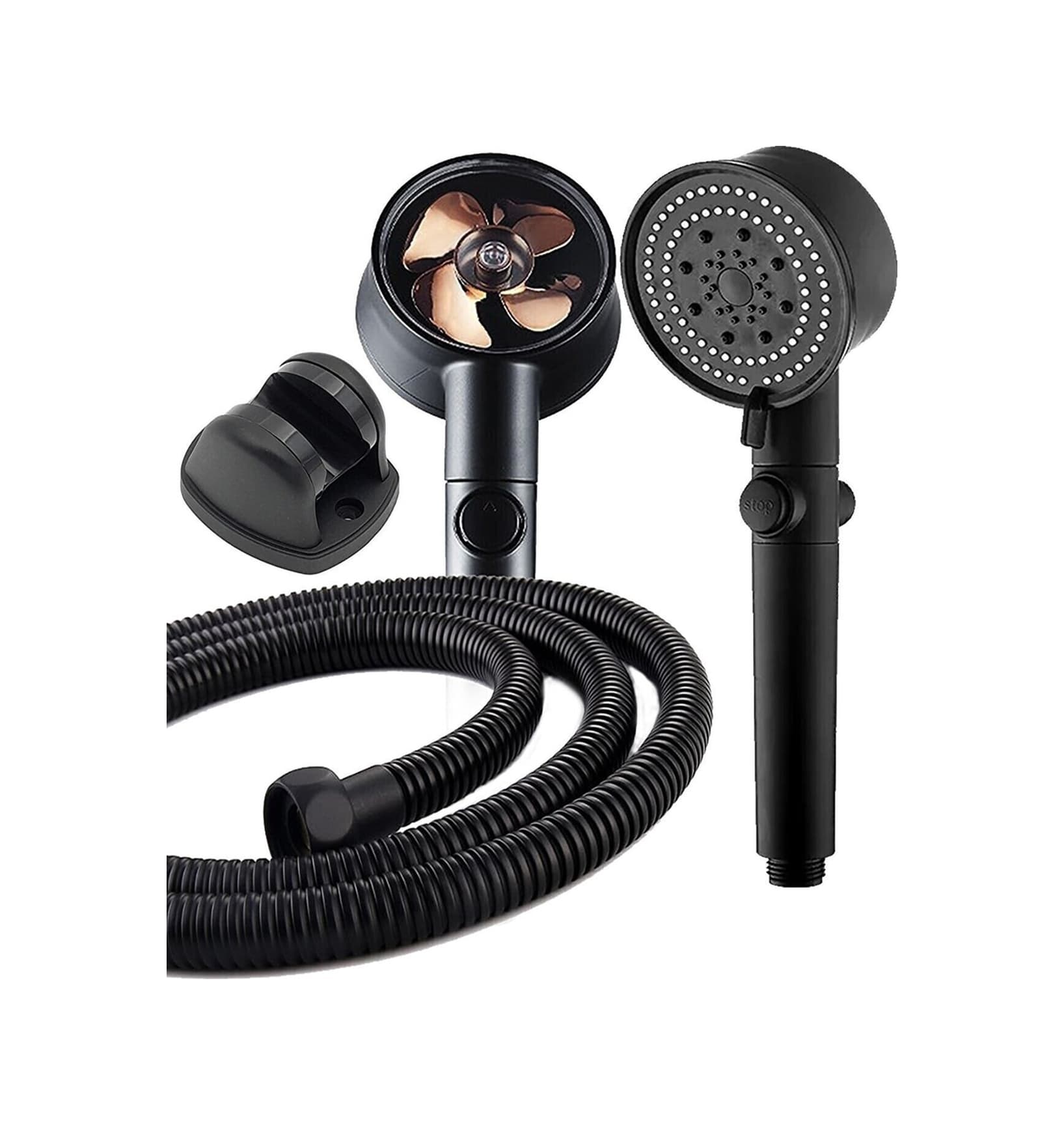Turbo Pervaneli 5 Fonksiyonlu Duş Başlığı + Mafsal + Duş Hortumu 150 CM Set Siyah
