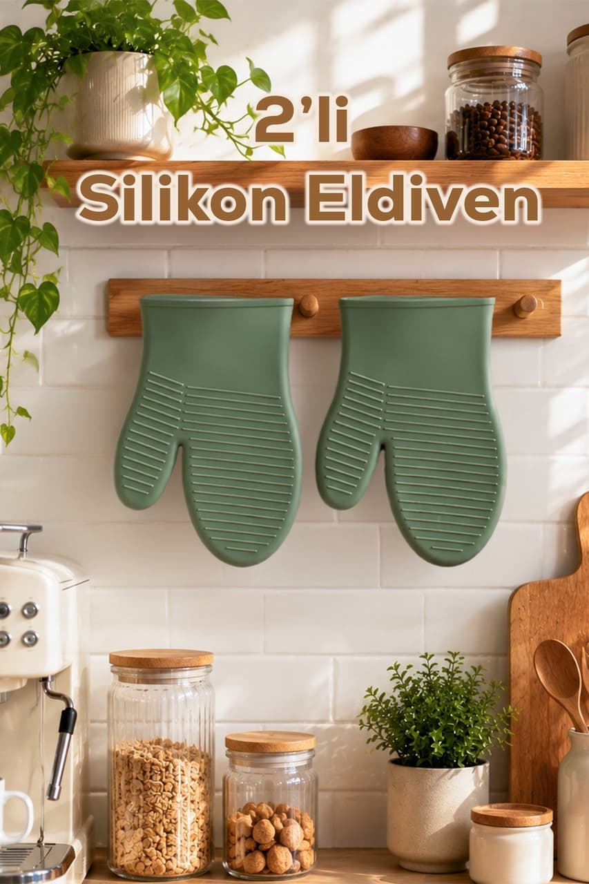 Porsima 33003 Silikon 2li Fırın Eldiveni Seti Isı Yalıtımlı Mikrodalga Fırın Tencere Tepsi Tutacağı Takımı Yeşil