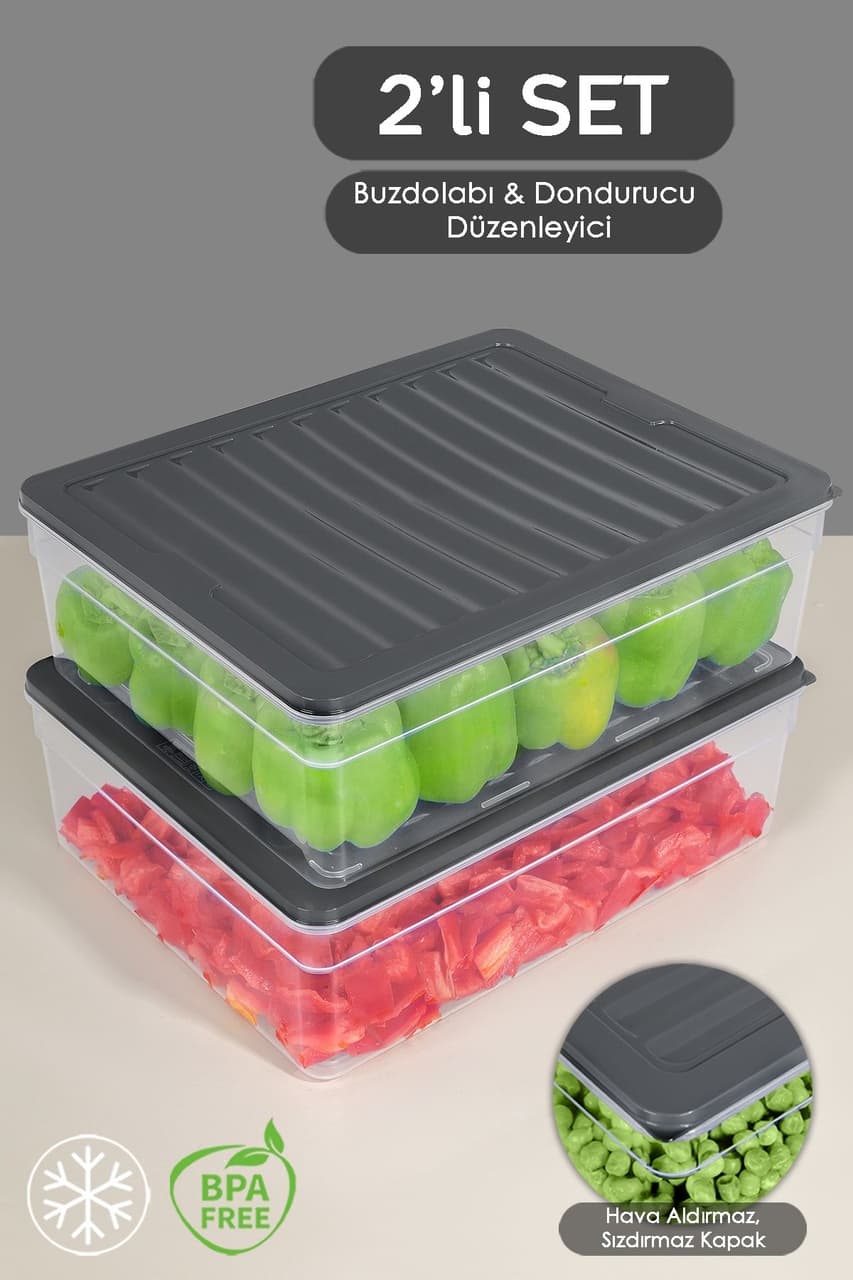 2'li Derin Buzdolabı Organizer Set Düzenleyici Saklama Kabı Mikrodalga Difriz Kabı 5300 ML Antrasit