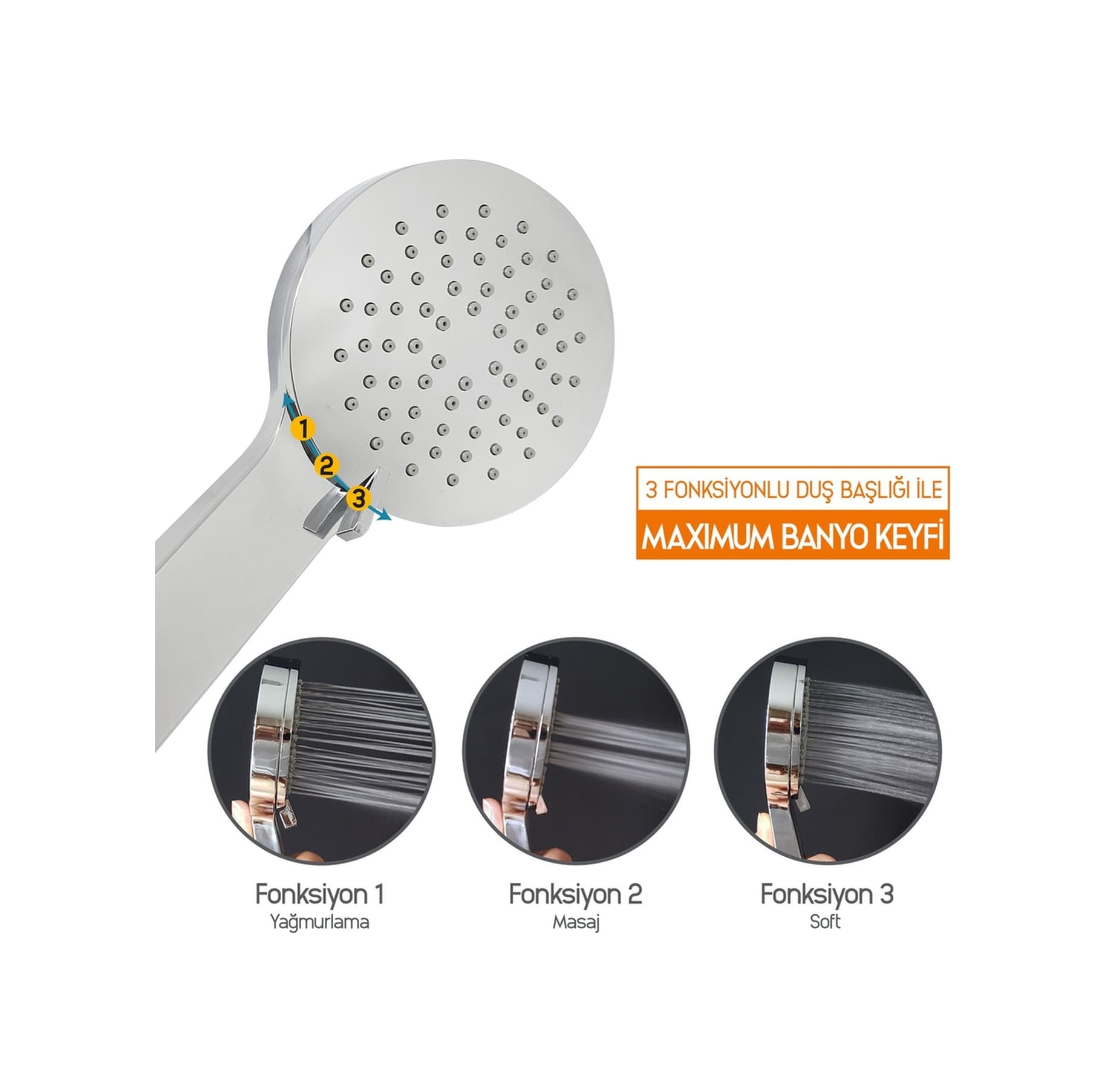 Aqua Bagno Smile El Duşu - Duş Başlığı 3 Fonksiyonlu Krom