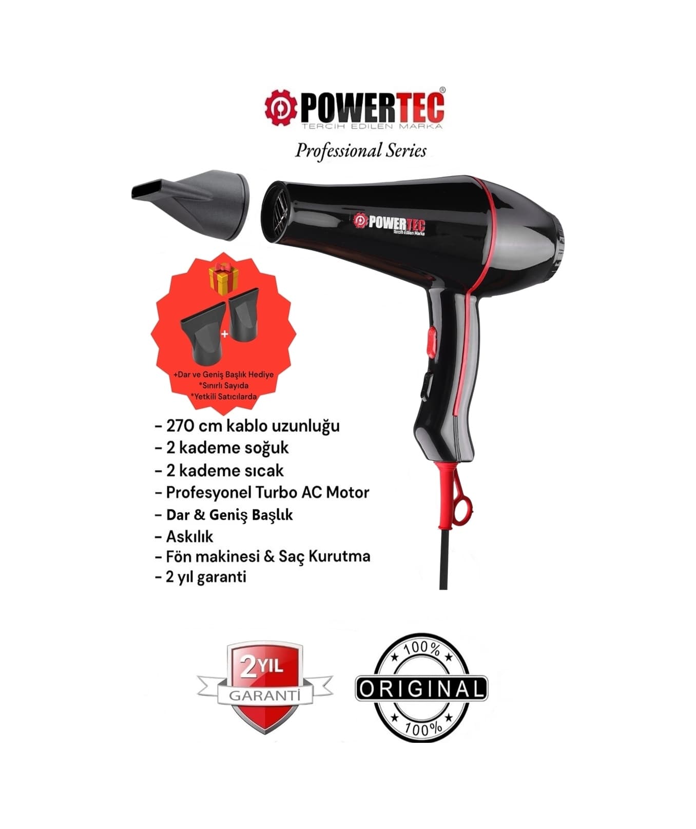 Powertec TR-601/TR-601S Turbo Profesyonel 2500 W Saç Kurutma Makinesi