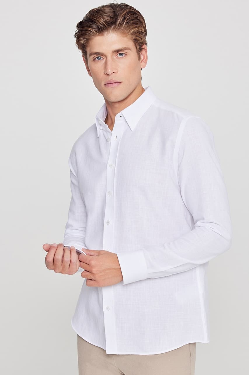 AC&Co / Altınyıldız Classics Erkek Beyaz Slim Fit Dar Kesim Düğmeli Yaka Flamlı Casual Gömlek 4A2022200073BYZXL Beyaz