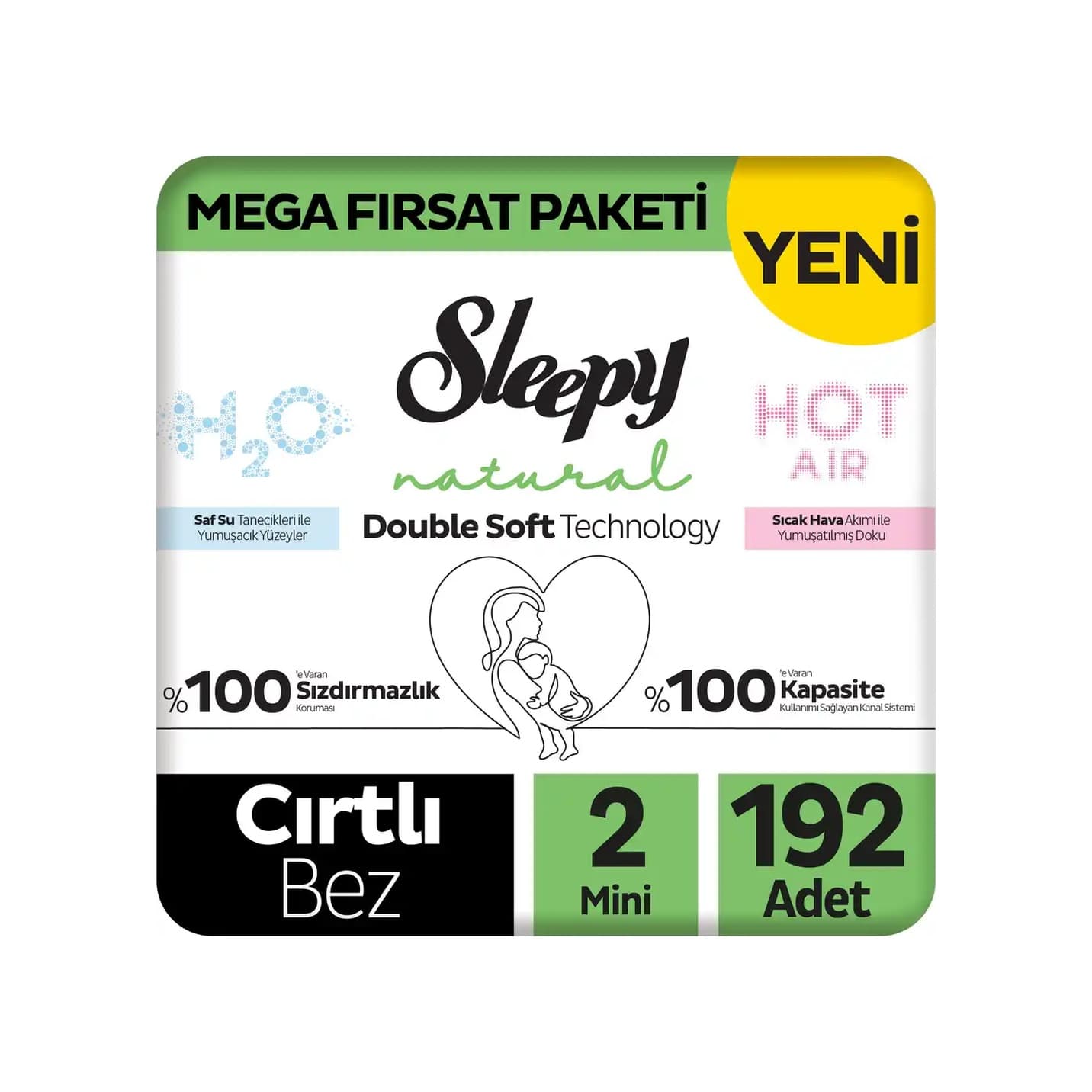 Sleepy Natural Double Soft Mega Fırsat Paketi Bebek Bezi 2 Numara Mini 192 Adet