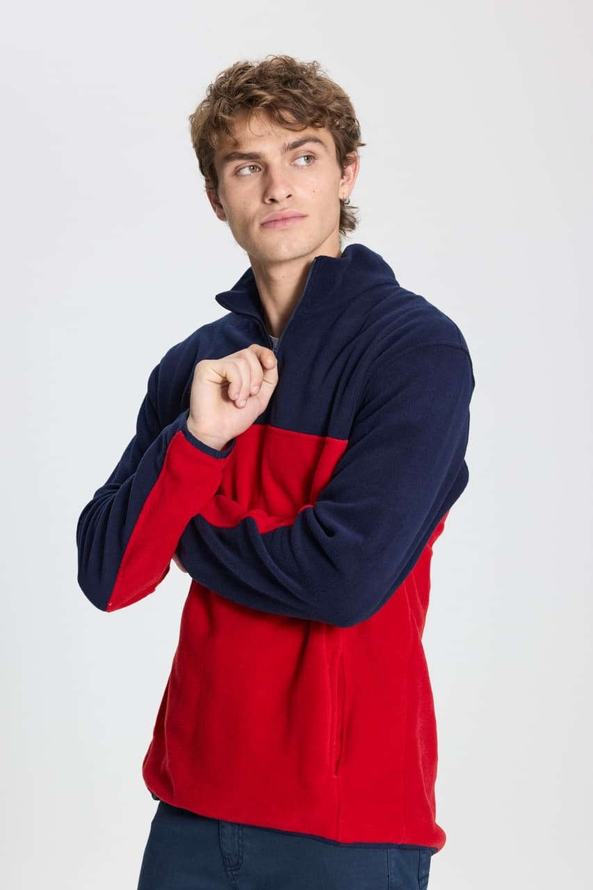 Ac&Co / Altınyıldız Classics Erkek Lacivert-Kırmızı Standart Fit Günlük Rahat Çift Renkli Polar Spor Sweatshirt 4A5221100015LKMS