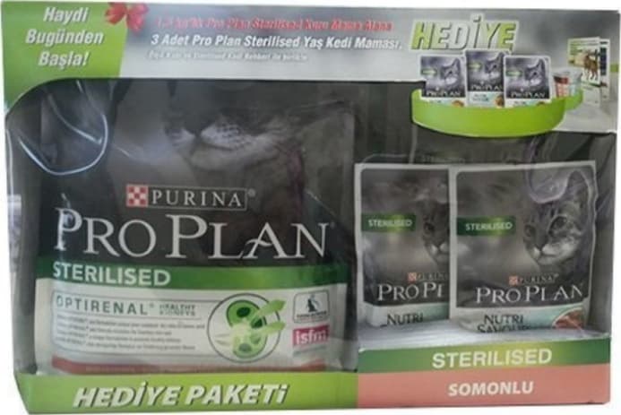 Purina Pro Plan Sterilised Somonlu Kedi Maması 1500 G + Pro Plan Nutri Savour Balıklı Yaş Mama 3 x 85 G + Ölçü Kabı