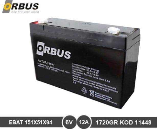 Orbus 6 Volt 12a Akü -6v 12 Ah Oyuncak Araba Aküsü N11.575