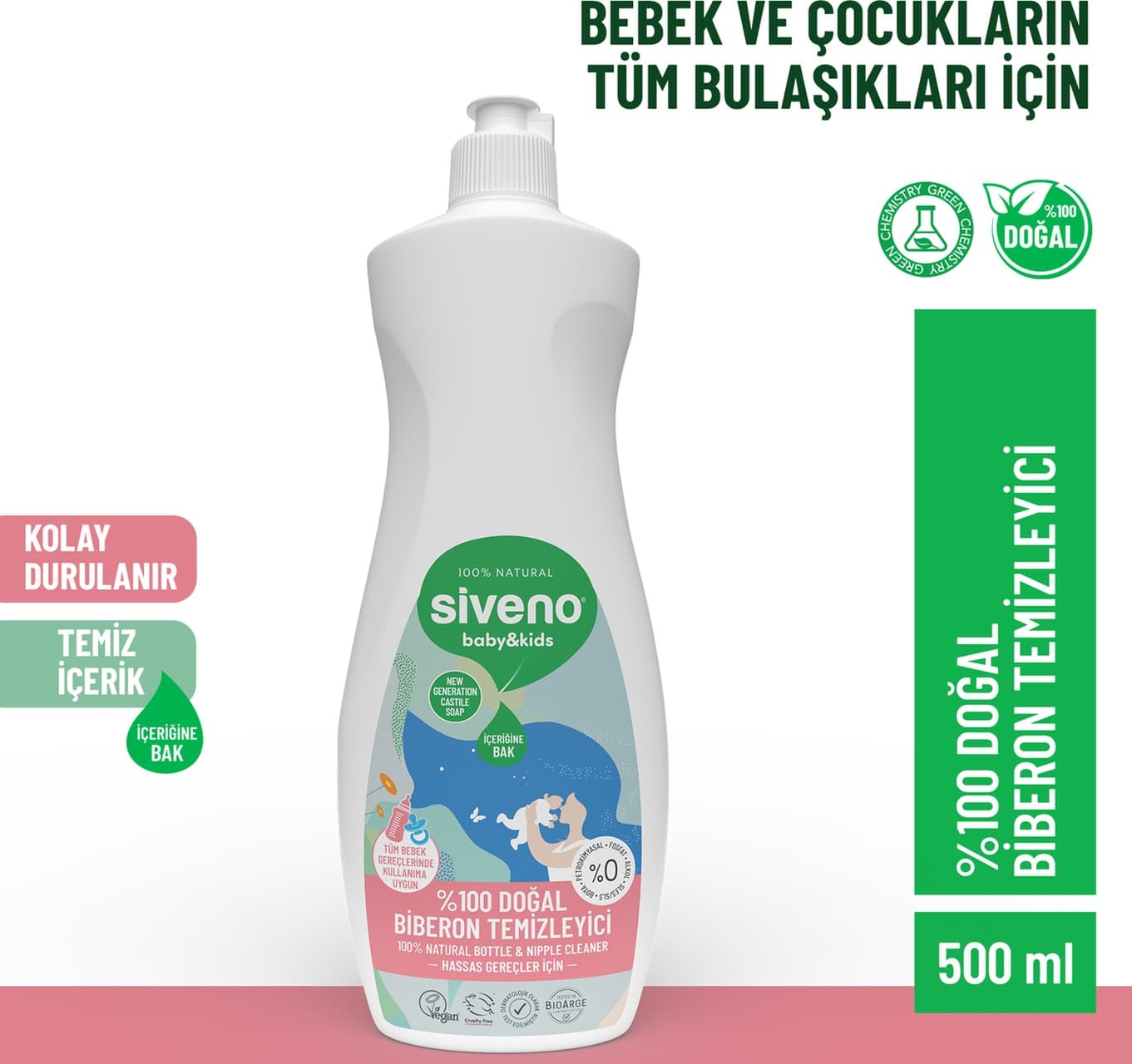 Siveno %100 Doğal Emzik ve Biberon Temizleyicisi Bitkisel Elde Bulaşık Sabunu Nemlendirici Vegan 500 ml
