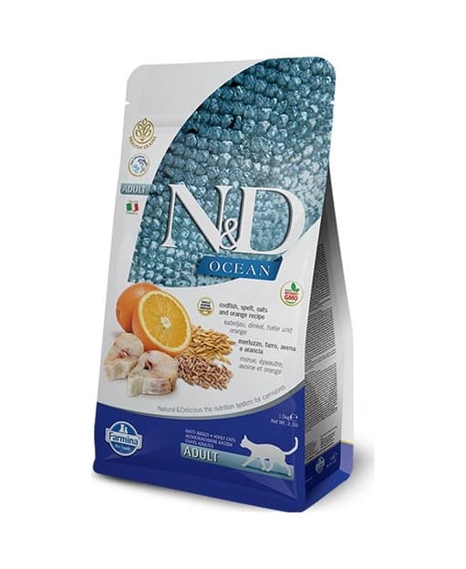 N&D Ocean Düşük Tahıllı Morina Balıklı ve Portakallı Yetişkin Kedi Maması 1500 G