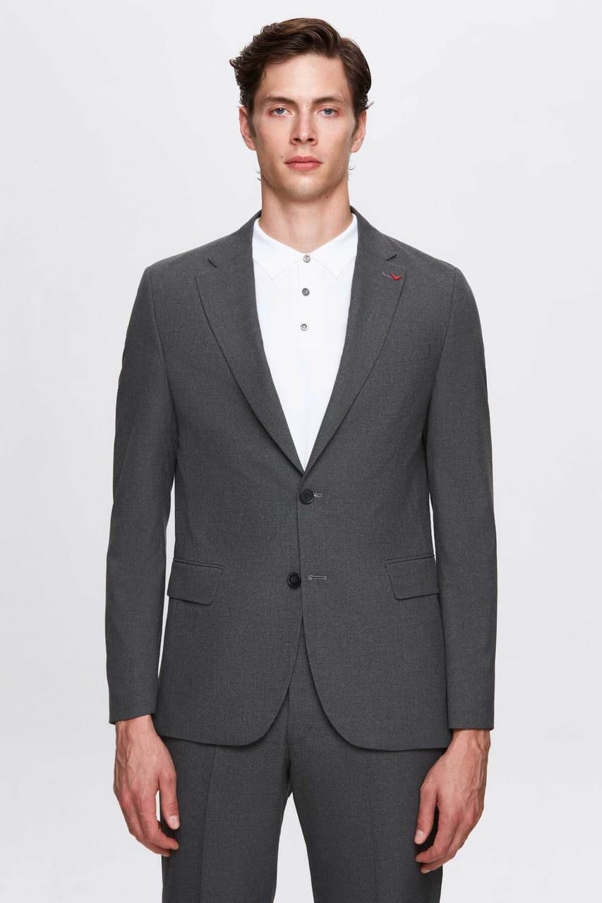 D's Damat Slim Fit Gri Düz Likralı Esnek Mono Yaka Çift Yırtmaçlı Astarlı Takim Elbise Gri