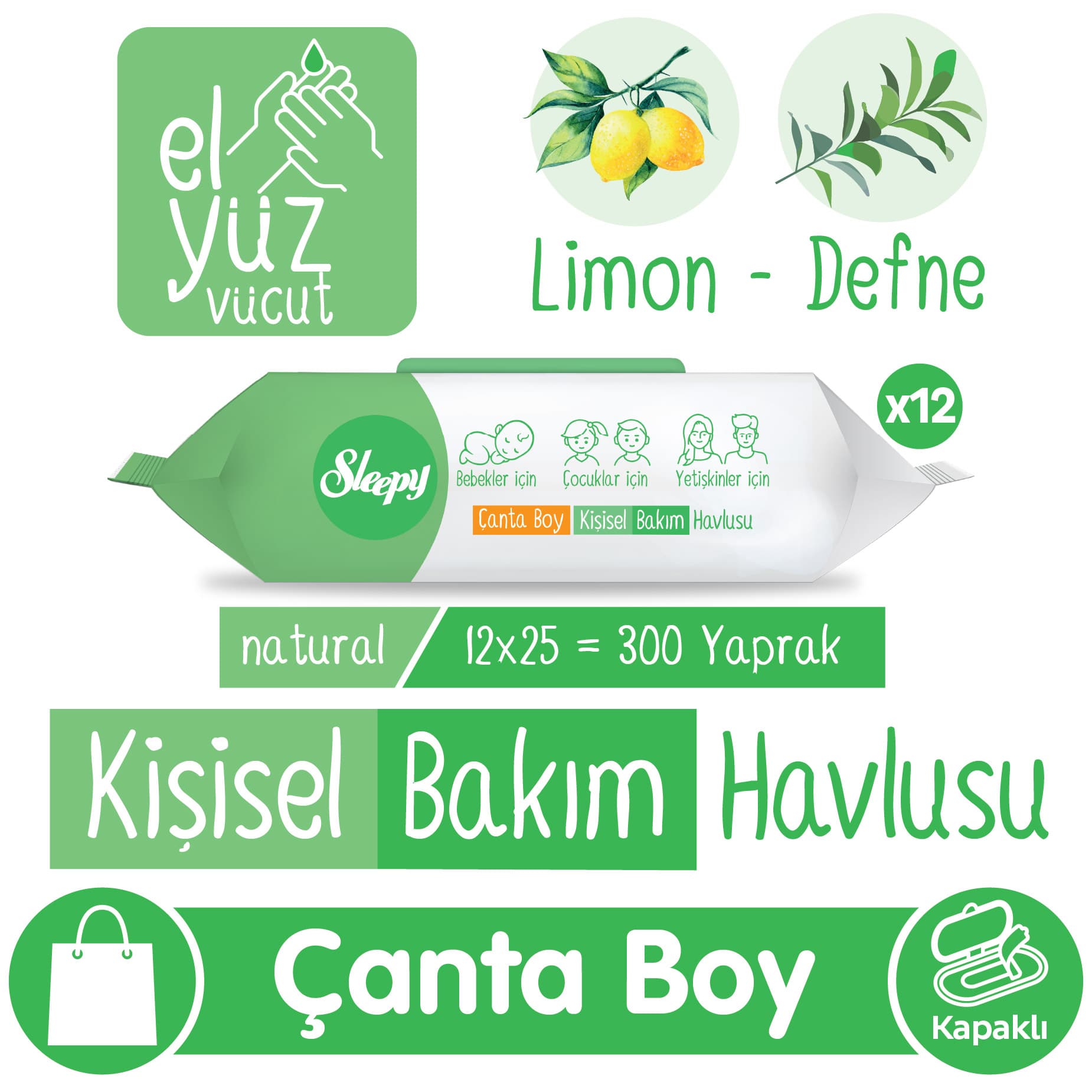 Sleepy Natural Kişisel Bakım Havlusu Çanta Boy 12x25 300 Yaprak 12'li Set