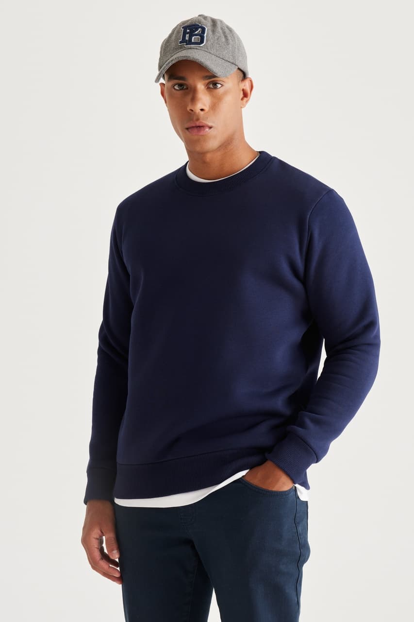 AC&Co / Altınyıldız Classics Erkek Lacı Standart Fit Normal Kesim İçi Polarlı Bisiklet Yaka Sweatshirt Lacivert