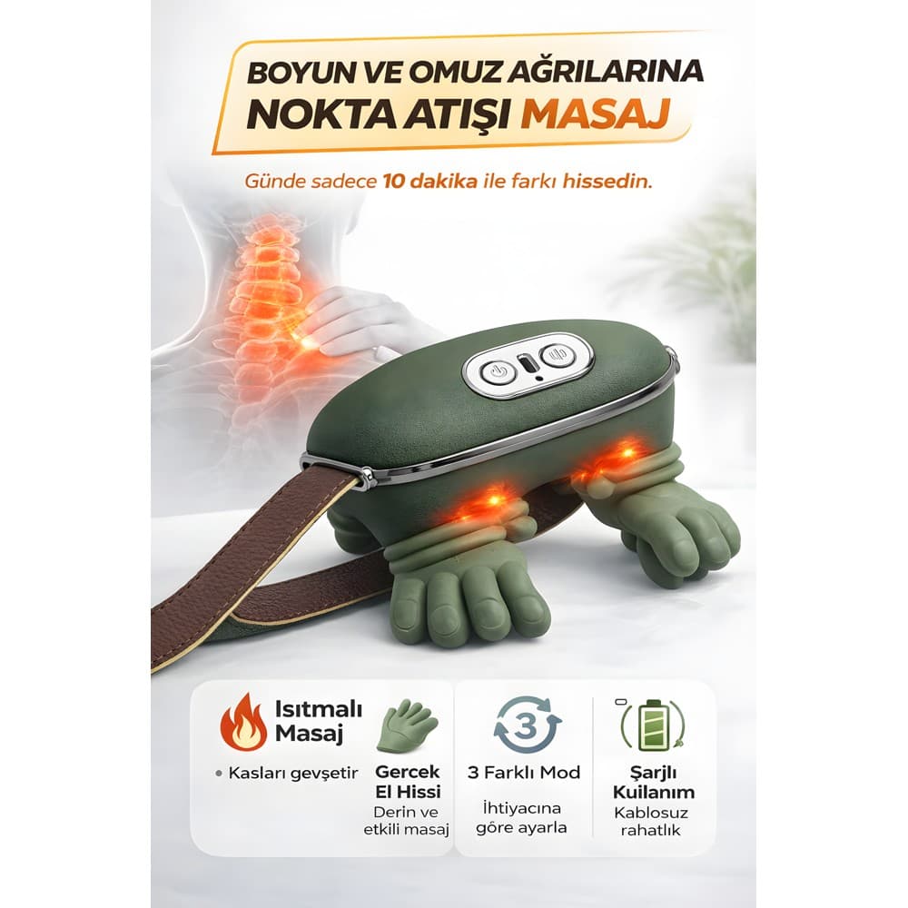 Smayling Gerçek El Hissi Boyun Ve Omuz Masaj Aleti Isıtmalı Şarjlı Kablosuz Masaj Cihazı 3 Modlu Derin Doku Masajı Yeşil