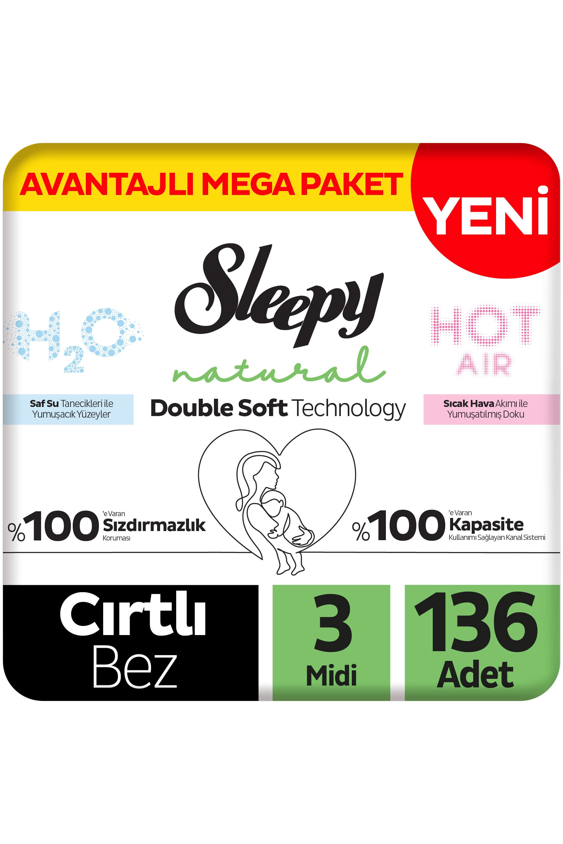 Sleepy Natural Double Soft Avantajlı Mega Paket Bebek Bezi 3 Numara Midi 136 Adet