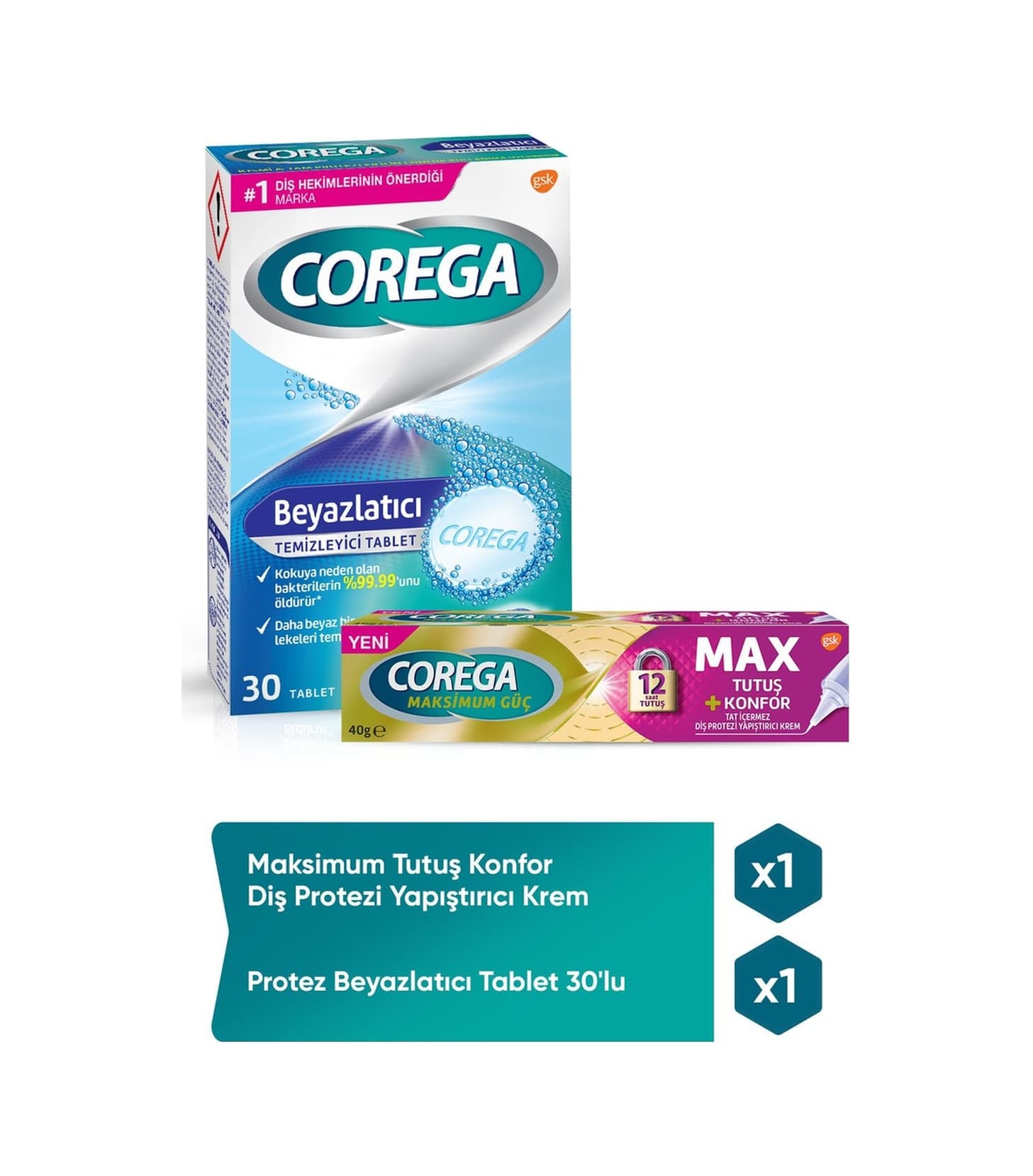 Corega Maksimum Tutuş + Konfor Diş Protezi Yapıştırıcı Krem 40 G + Protez Beyazlatıcı Tablet 30'lu