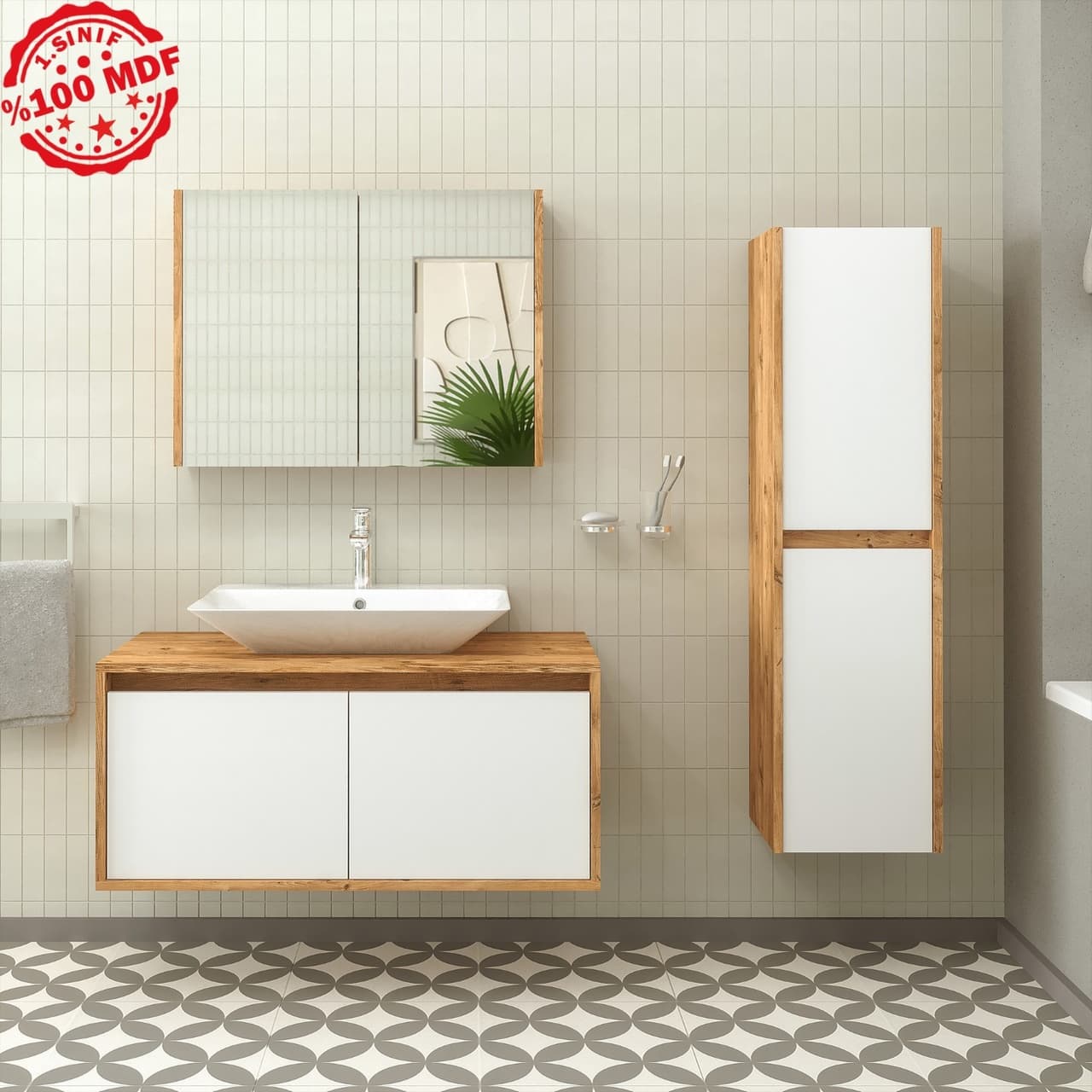 Banos Roomart Lavabolu Ahşap-Mat Beyaz 100Cm Banyo Dolabı+Aynalı Beyaz