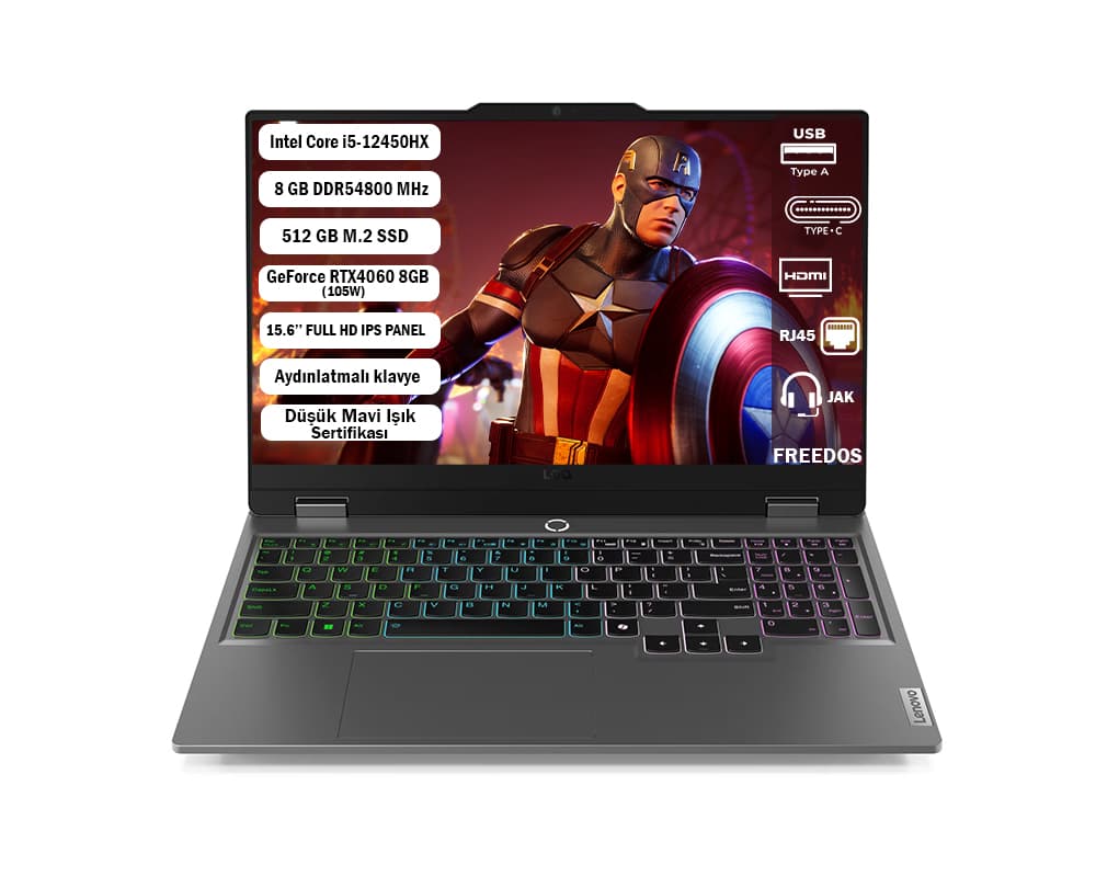 Lenovo LOQ 15IAX9 83GS007XTR i5-12450HX 8 GB 512 GB SSD RTX4060 15.6" Dos Dizüstü Bilgisayar