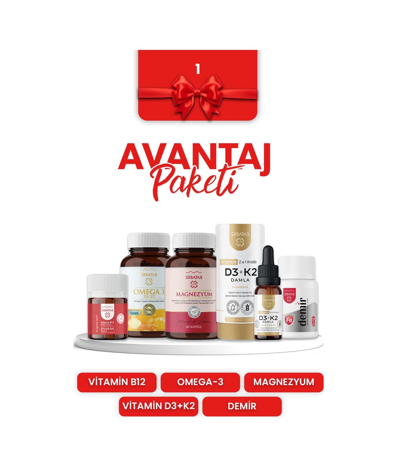Erbatab Avantaj Paketi 1 (Magnezyum, D3K2, B12 - B9, Omega, Demir)