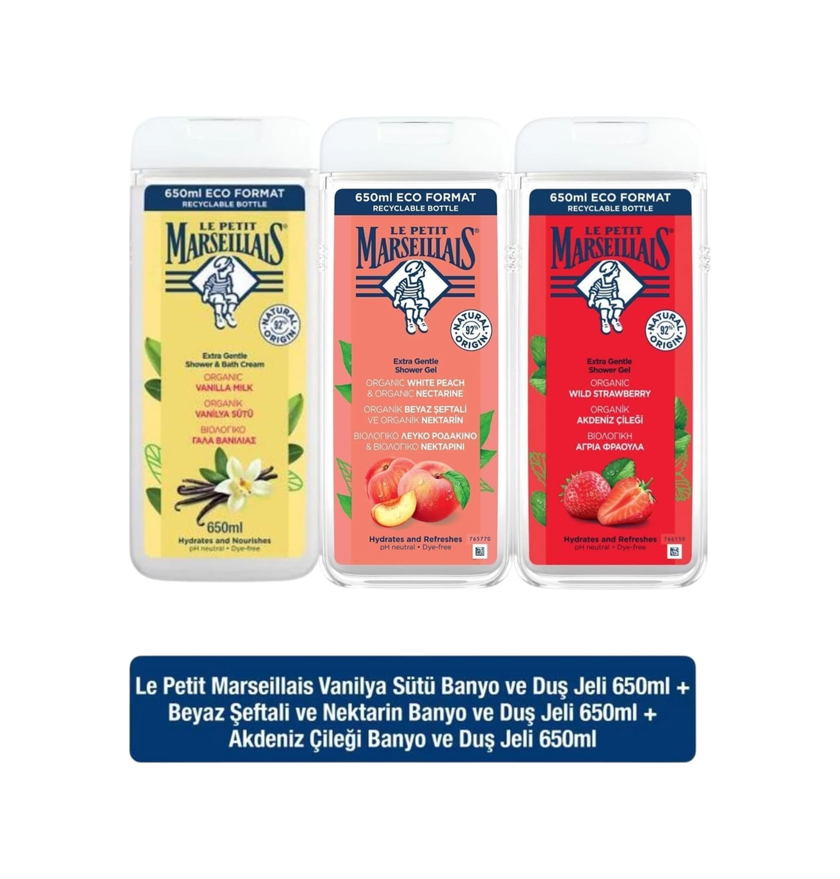Le Petit Marseillais Beyaz Şeftali ve Nektarin + Vanilya Sütü + Akdeniz Çileği Duş Jeli 3 x 650 ML