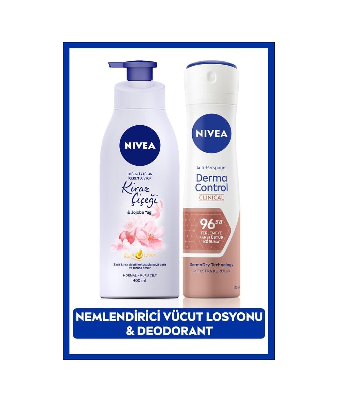 Nivea Kiraz Çiçeği Nemlendirici Vücut Losyonu 400 ML + Derma Control Clinical Kadın Sprey Deodorant 150 ML