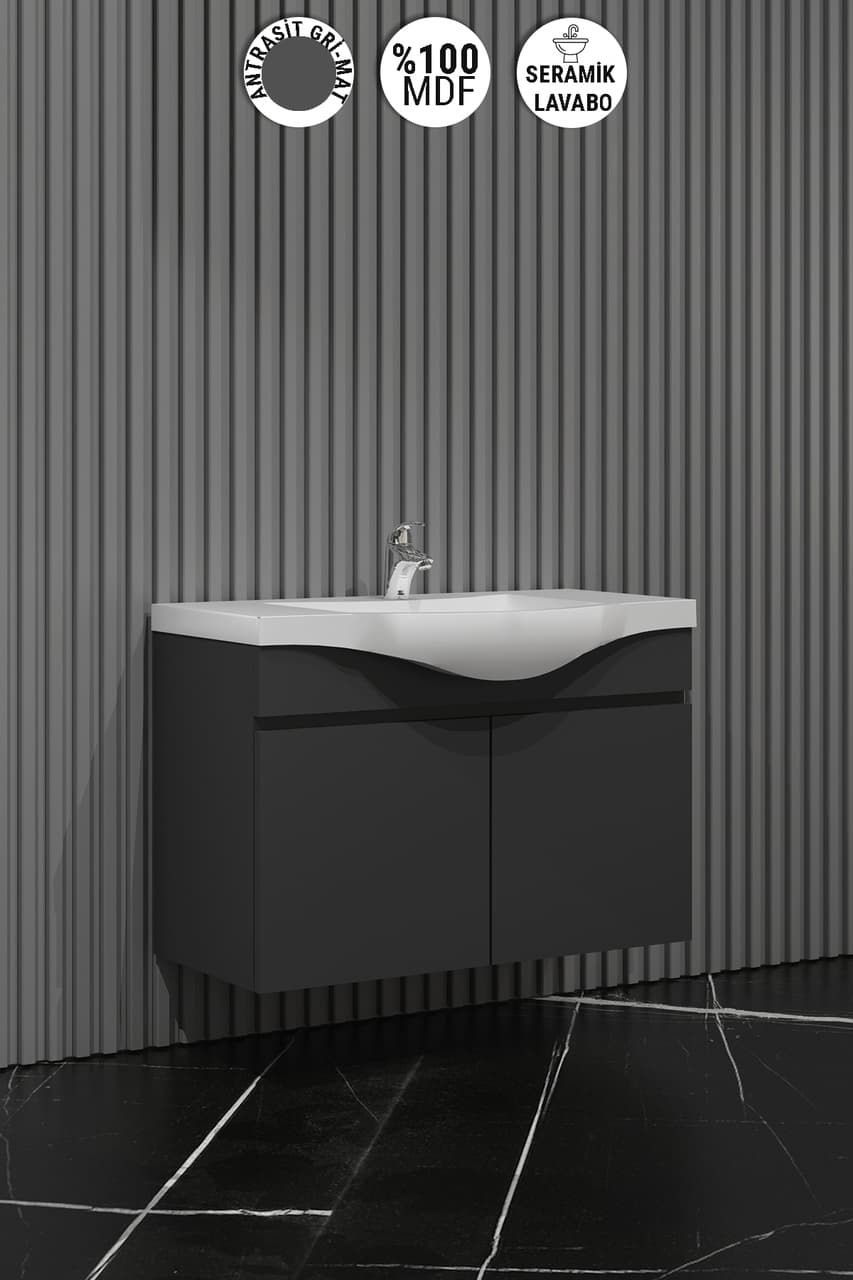 Yıldız 75 Cm Antrasit Gri Mat Mdf Seramik Lavabolu Banyo Dolabı Antrasit - Gri
