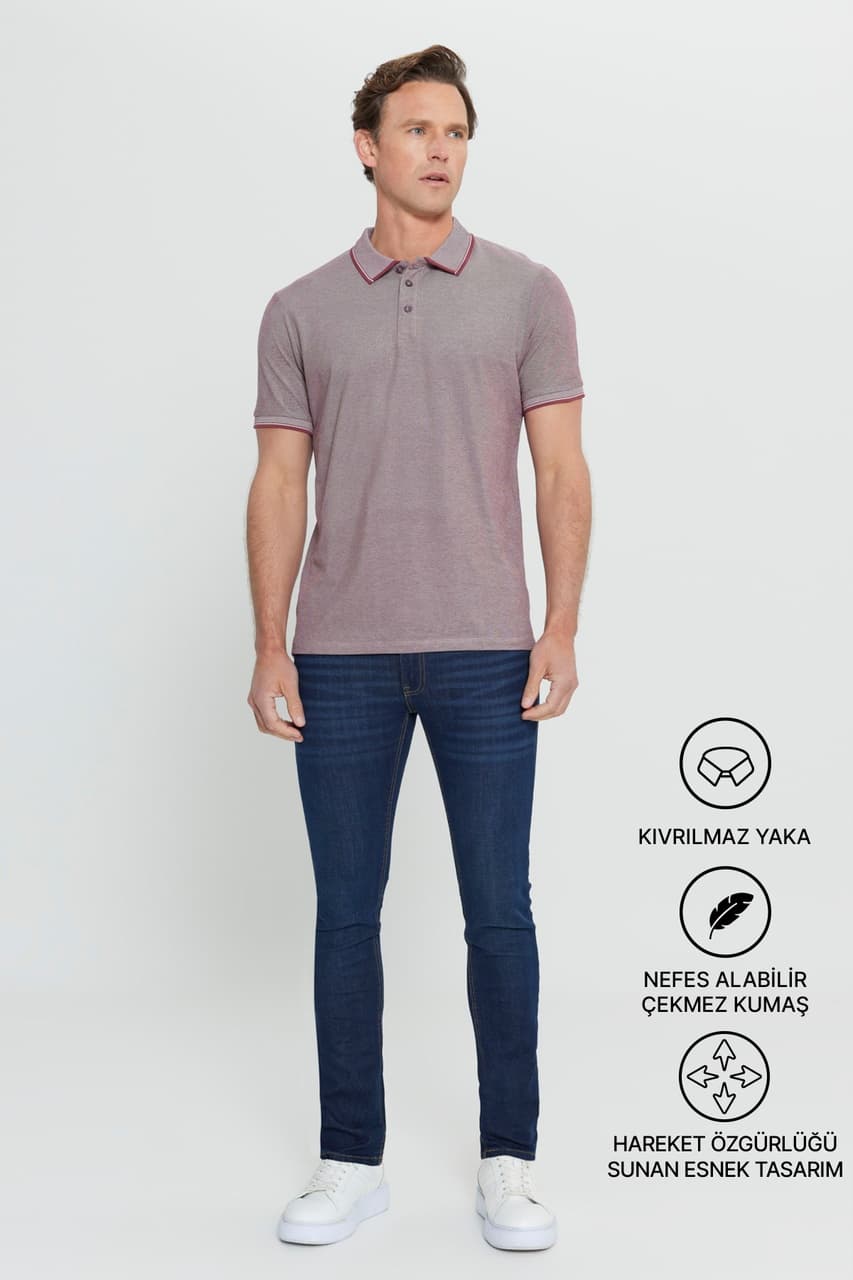 Ac&Co / Altınyıldız Classics 4A4820200047Brdm Düğmeli Polo Yaka Cepsiz Slim Fit Erkek Tişört Bordo