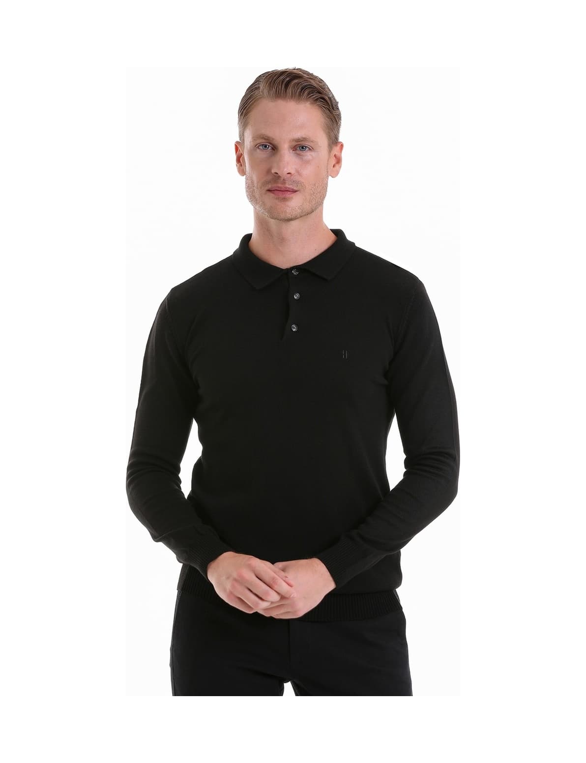 Hatemoğlu Regular Fit Düz Polo Yaka Triko Kazak Siyah