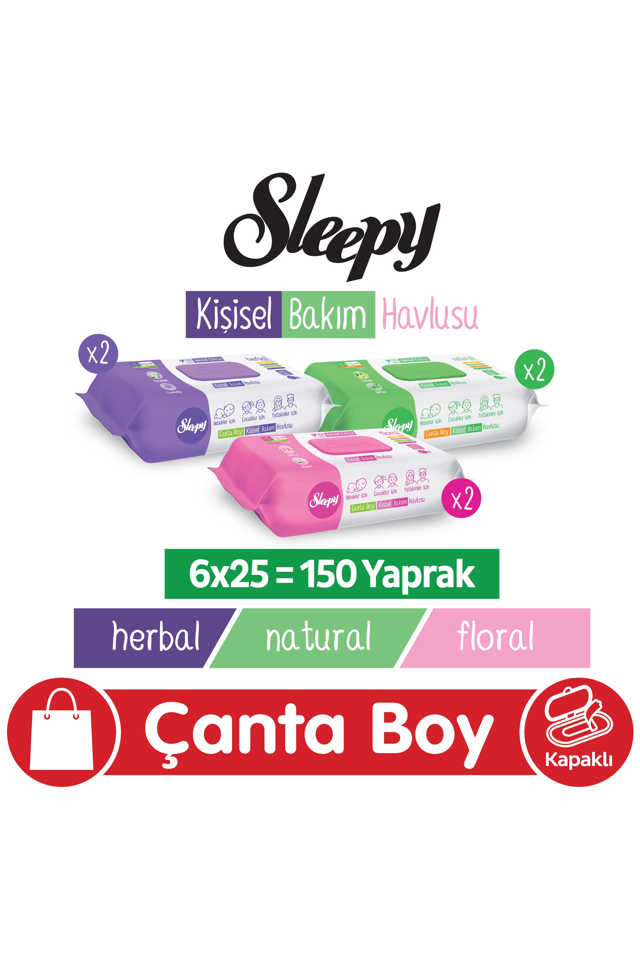 Sleepy Natural + Floral + Herbal Kişisel Bakım Havlusu Çanta Boy 6x25 150 Yaprak 6 Paket