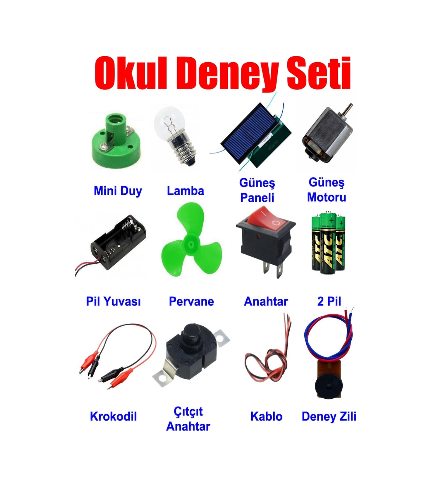 Okul Deney Seti - 8 Güneş Paneli Duy Anahtar Pil Motor Krokodil Kablo
