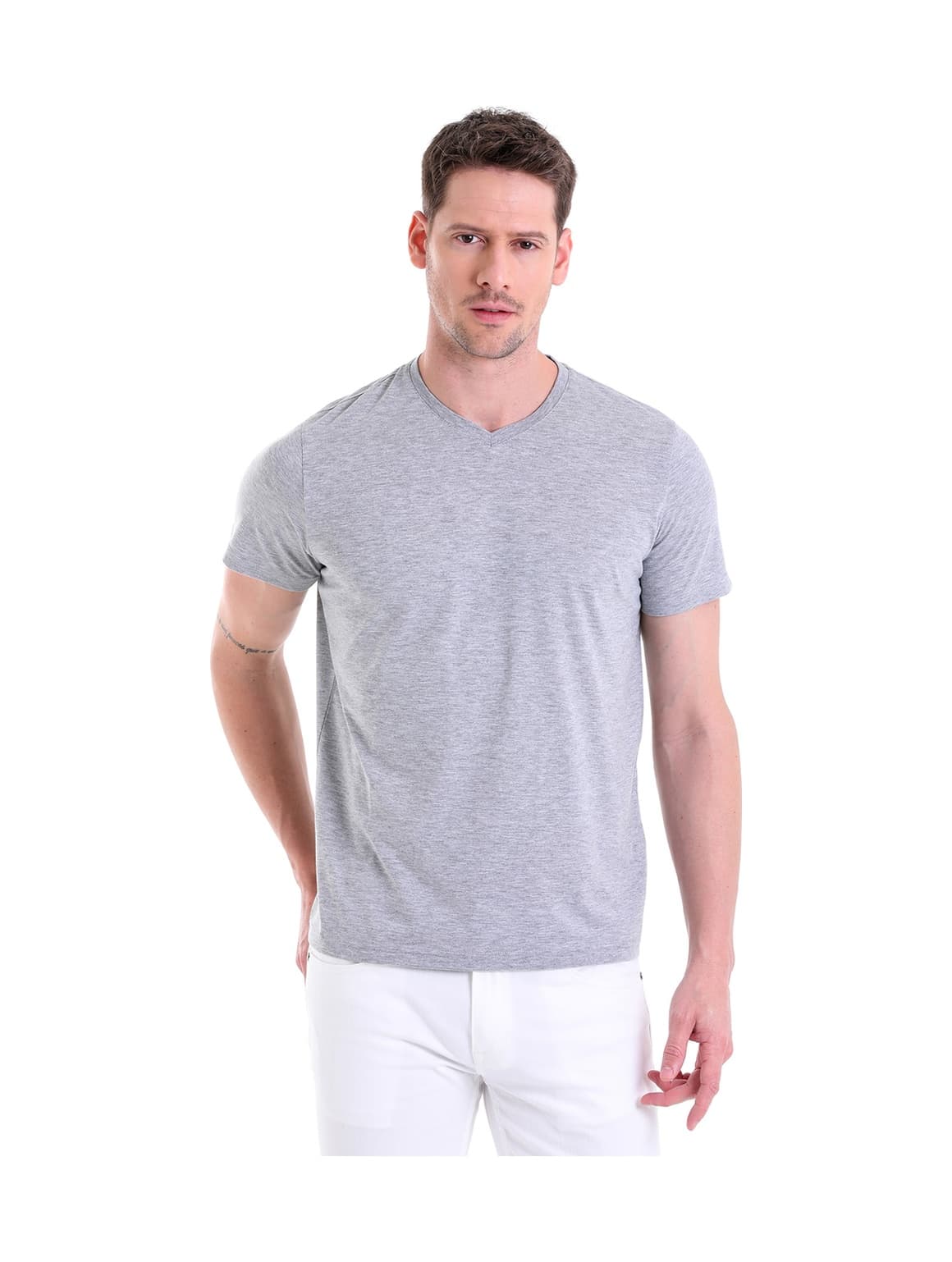 Hatemoğlu Gri Melanj Düz Slim Fit 100% Pamuk V Yaka Tişört Gri