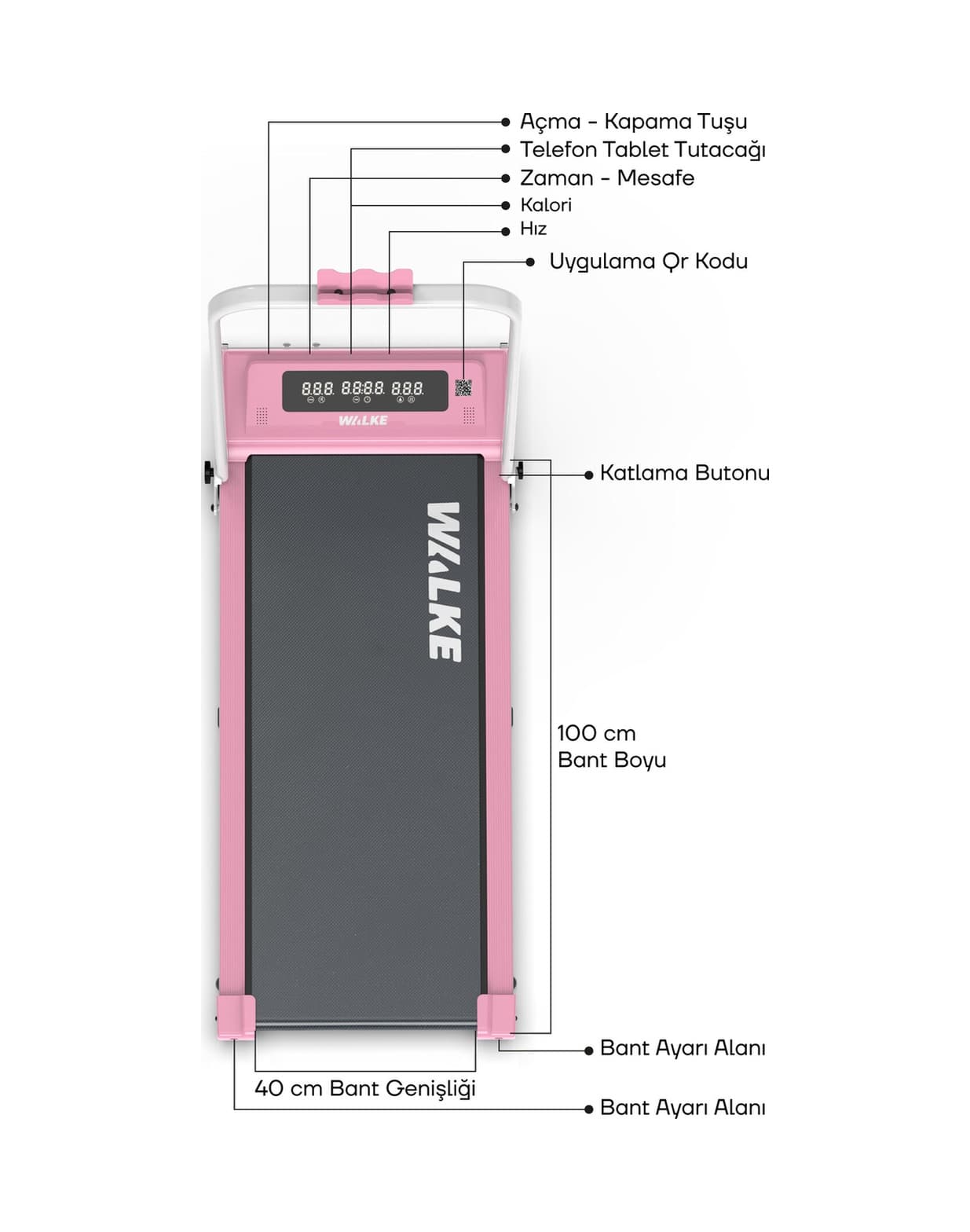 Walke W-fit Pink Bluetoothlu Uygulamalı Uzaktan Kumandalı Koşu Bandı Yürüyüş Bandı Pembe