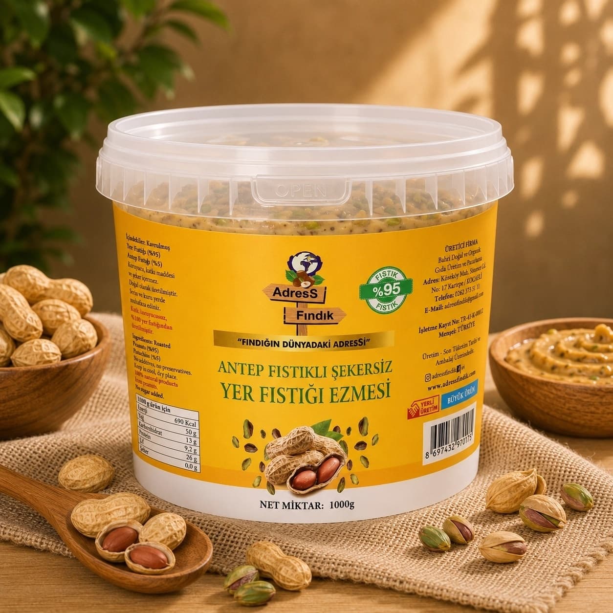 Adress Fındık Antep Fıstıklı Şekersiz Yer Fıstığı Ezmesi 1 KG