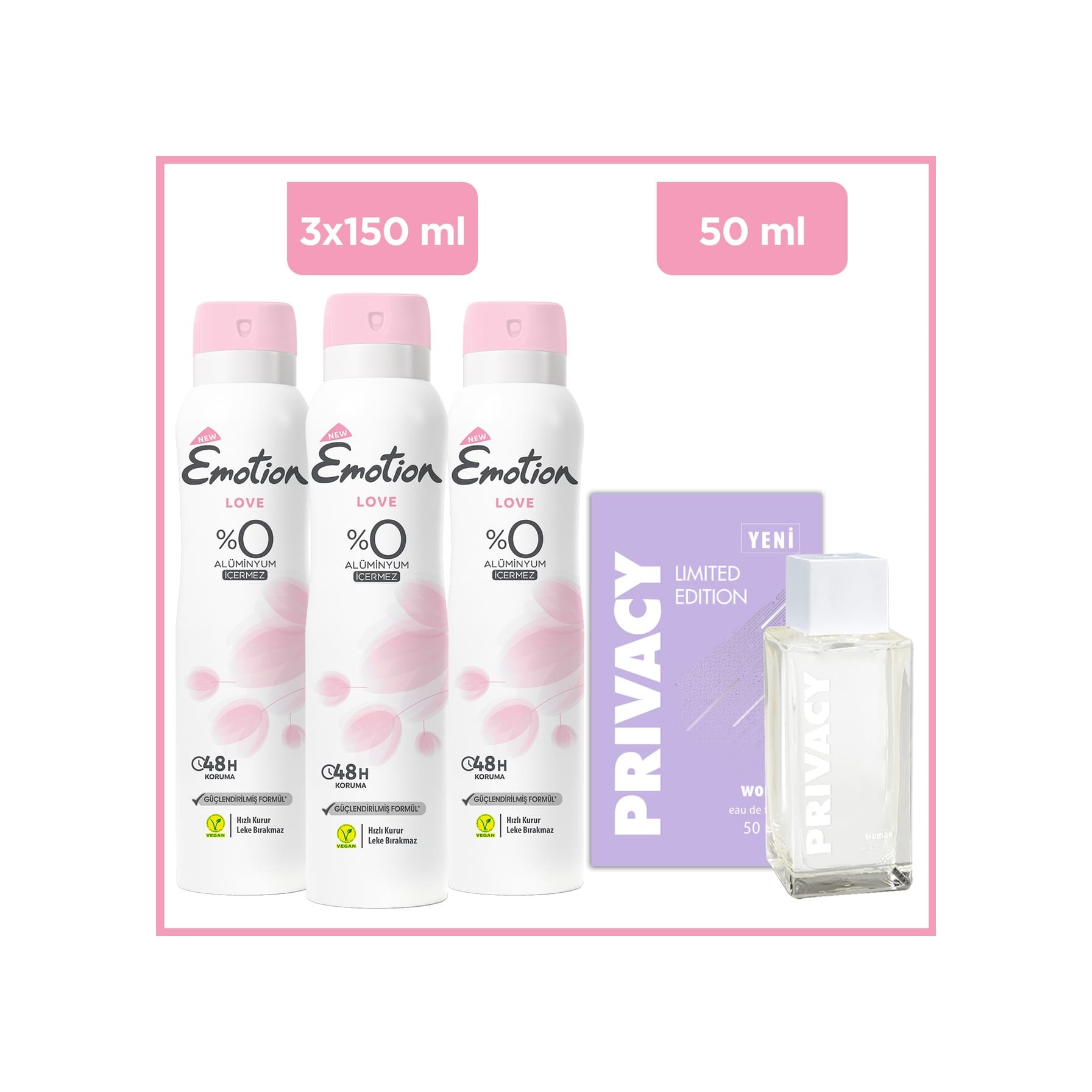 Privacy Women Limited Edition Edt 50 Ml & Emotion Love Kadın Deodorant 3x150ml Ferah