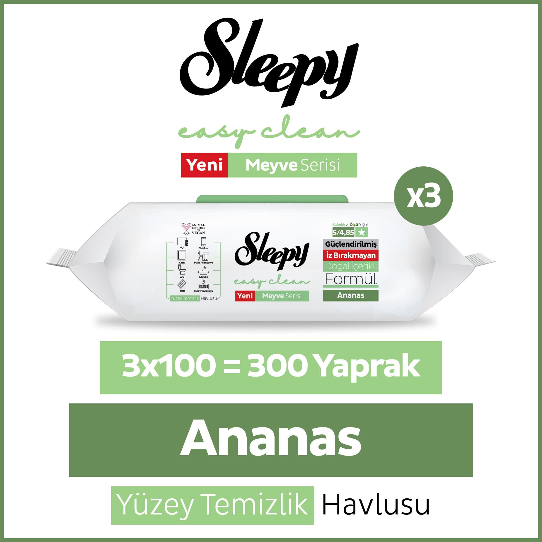 Sleepy Meyve Serisi Yüzey Temizlik Havlusu Mendili Ananas 3x100 300 Yaprak Beyaz