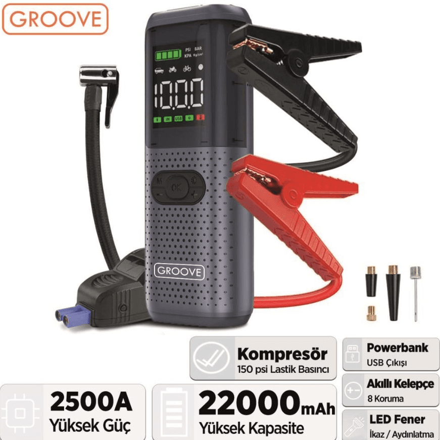 Groove Hcb002 22000mAh 2500A Akü Takviye Cihazı + Lastik Şişirme Kompresörlü Taşınabilir Jump Starter Kompresör+Powerbank+led Lamba+Lcd Ekran