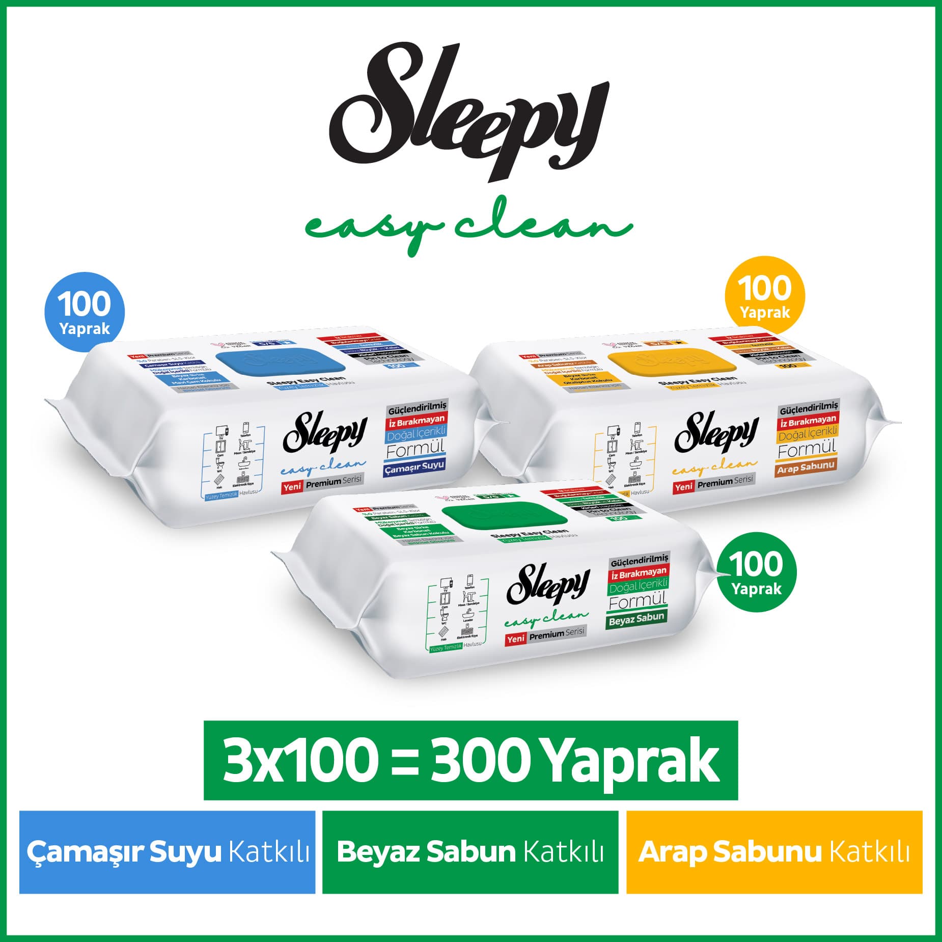 Sleepy Easy Clean Premium Beyaz Sabun Katkılı+Çamaşır Suyu Katkılı+Arap Sabunu Katkılı Yüzey Temizlik Havlusu Mendili 3x100 (300 Yaprak)