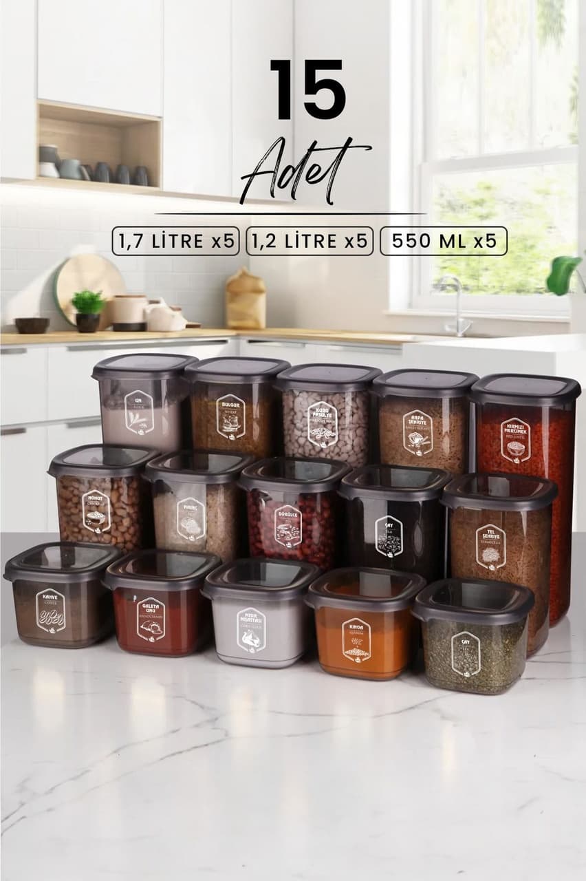 KitchenLife 15'li Etiketli Square Kare Erzak Saklama Kabı Seti X5 550ml-1200ml-1750ml Sert Kapaklı Kavanoz