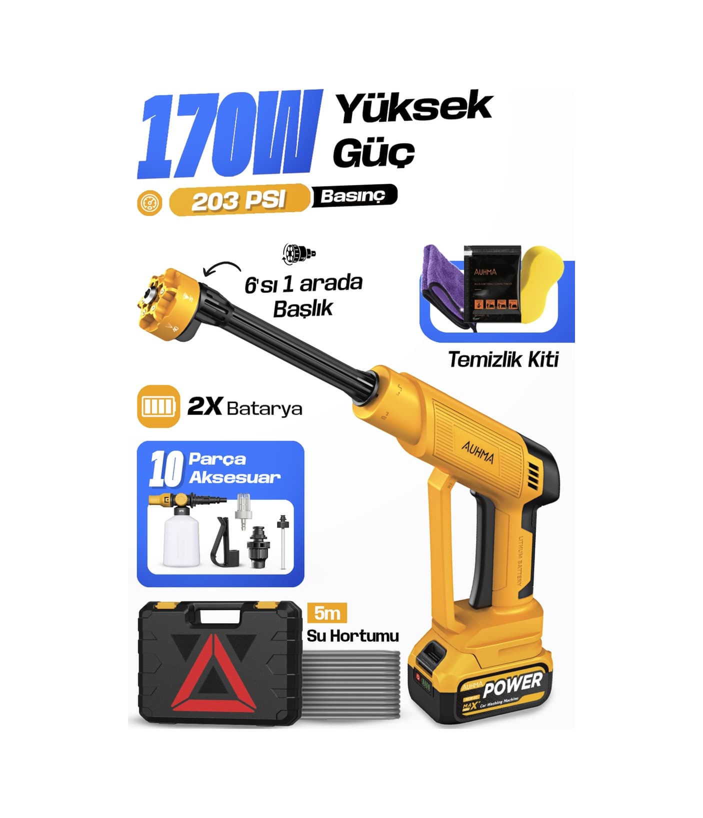 Auhma Acr-10 Şarjlı Araç Yıkama Makinesi Sarı 203 Psı 170W Basınçlı Oto Yıkama Seti 3820 Fırçasız